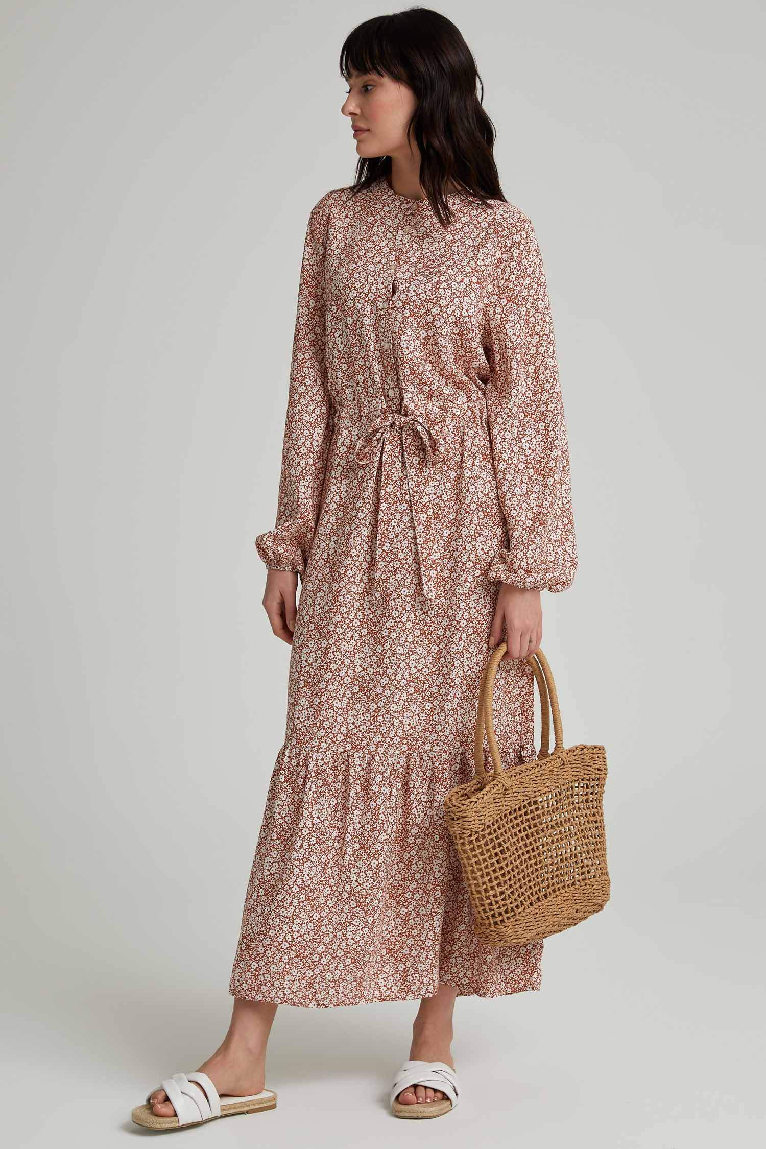 Orange WOMAN Modest Patterned High Neck Long Sleeve Midi Dress With