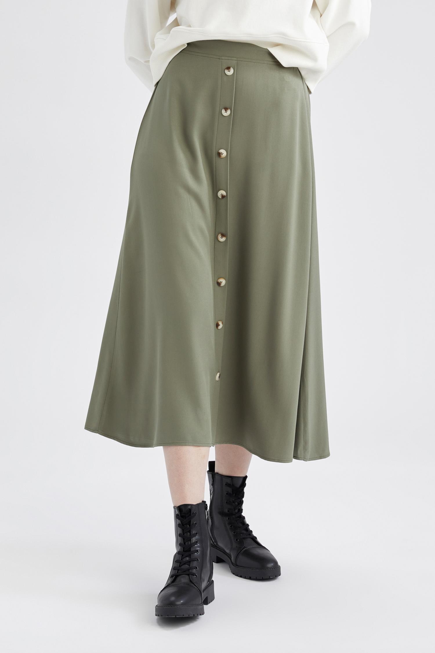 Khaki Woman Modest- Relaxed Fit Woven Button Skirt 1756889 | DeFacto