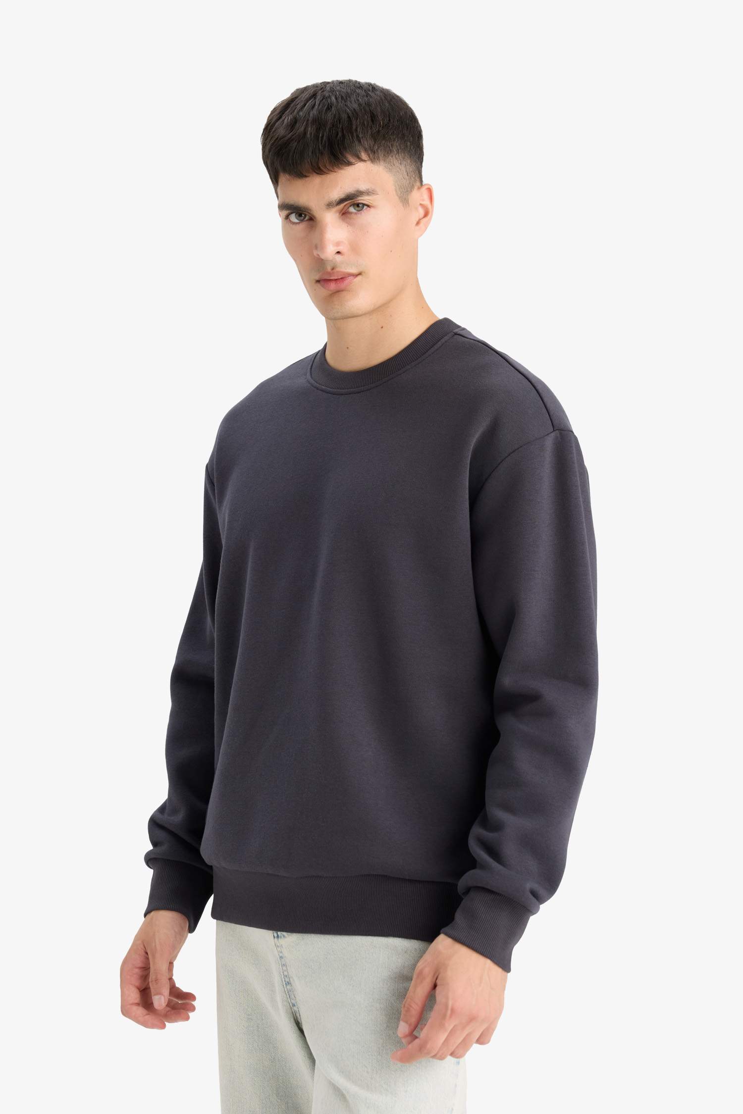 Relax Fit Bisiklet Yaka Kalın İçi Yumuşak Tüylü Basic Düz Sweatshirt