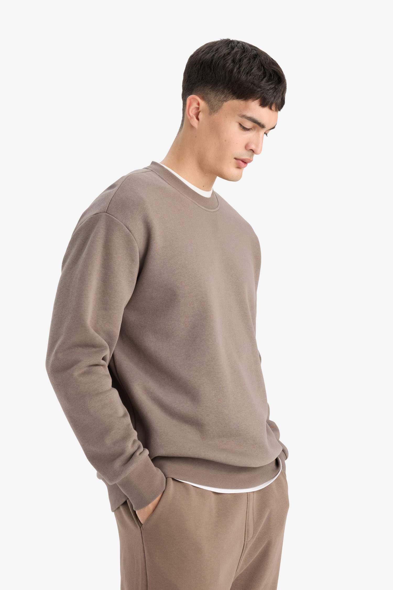 Relax Fit Bisiklet Yaka Kalın İçi Yumuşak Tüylü Basic Düz Sweatshirt