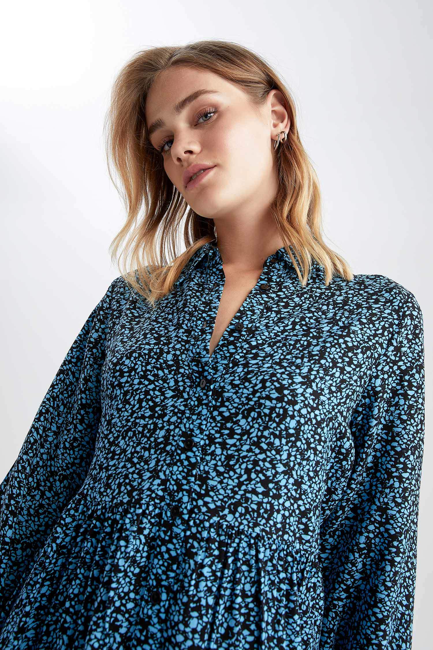 Blue WOMAN Shirt Collar Printed Mini Viscose Long Sleeve Dress 3709686 ...