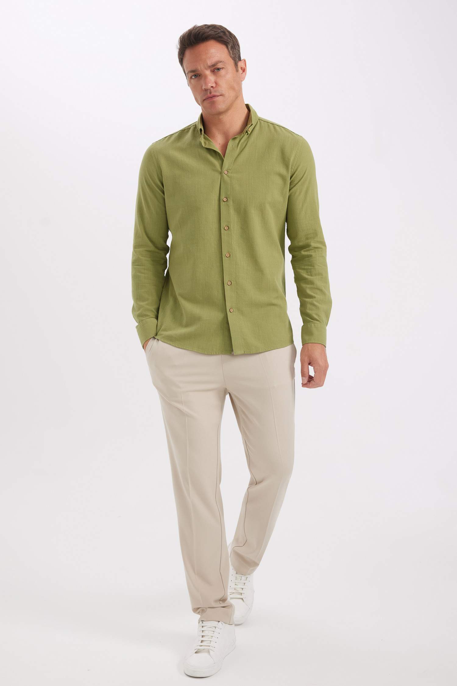 %100 Pamuk Modern Fit Düğmeli Polo Yaka Keten Görünümlü Uzun Kollu Gömlek