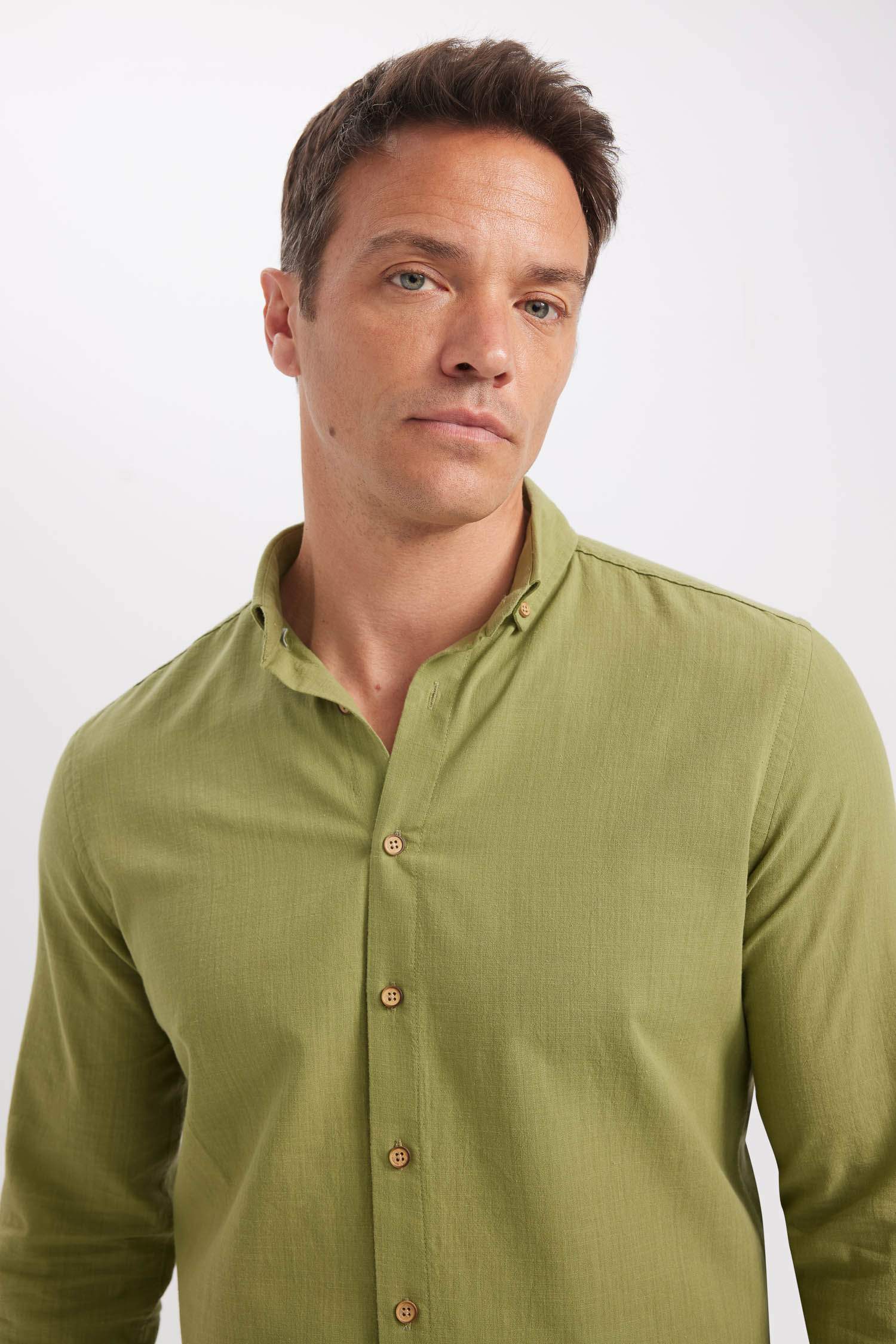 %100 Pamuk Modern Fit Düğmeli Polo Yaka Keten Görünümlü Uzun Kollu Gömlek