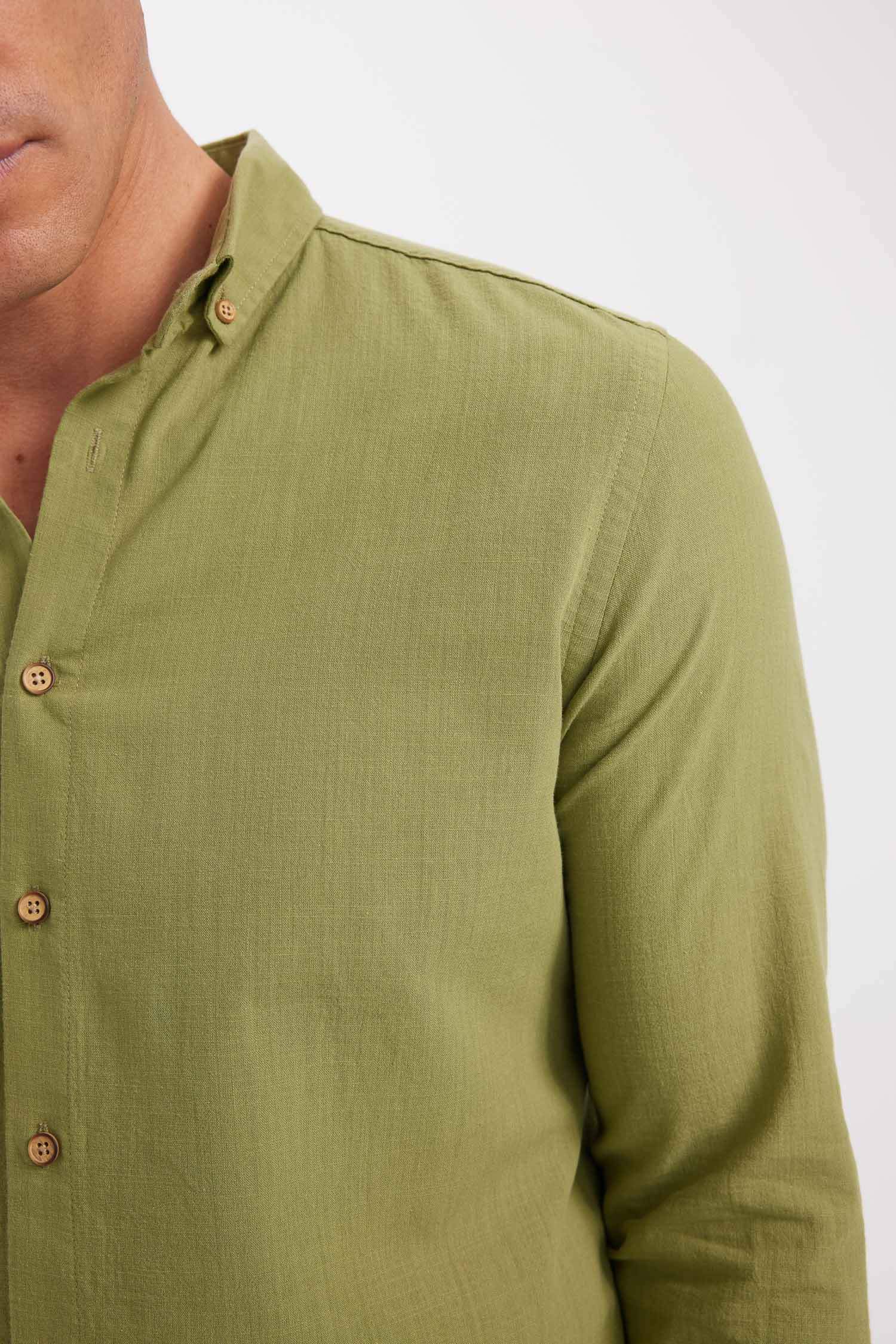 %100 Pamuk Modern Fit Düğmeli Polo Yaka Keten Görünümlü Uzun Kollu Gömlek