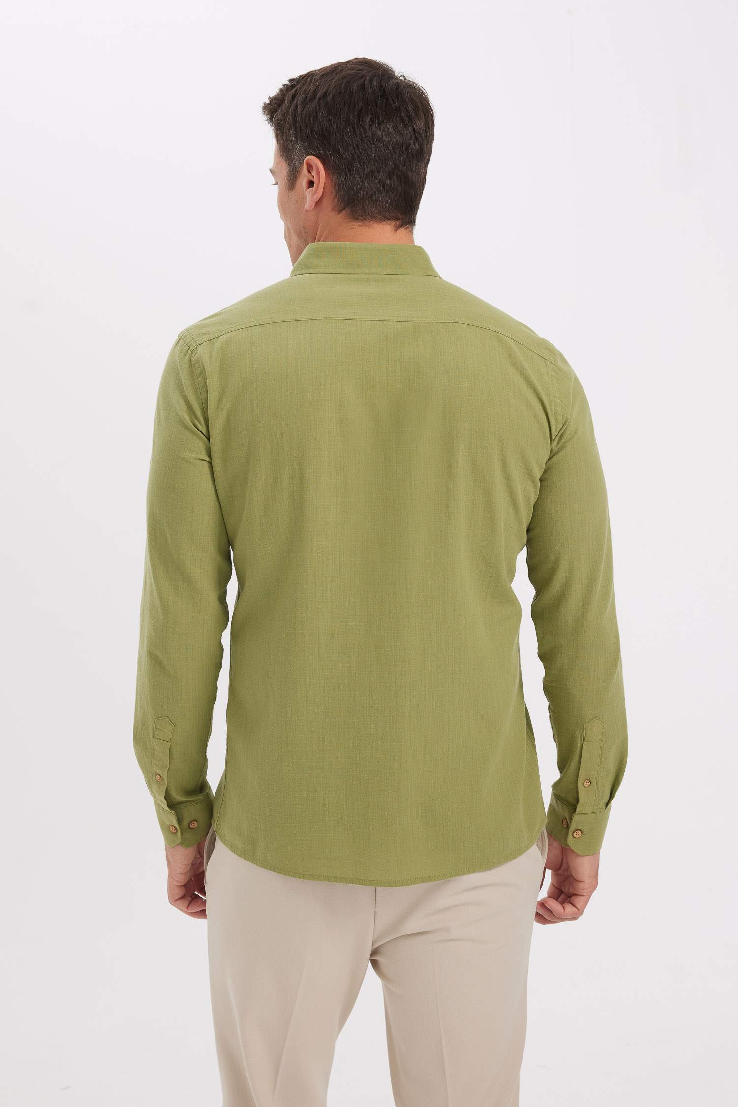 %100 Pamuk Modern Fit Düğmeli Polo Yaka Keten Görünümlü Uzun Kollu Gömlek