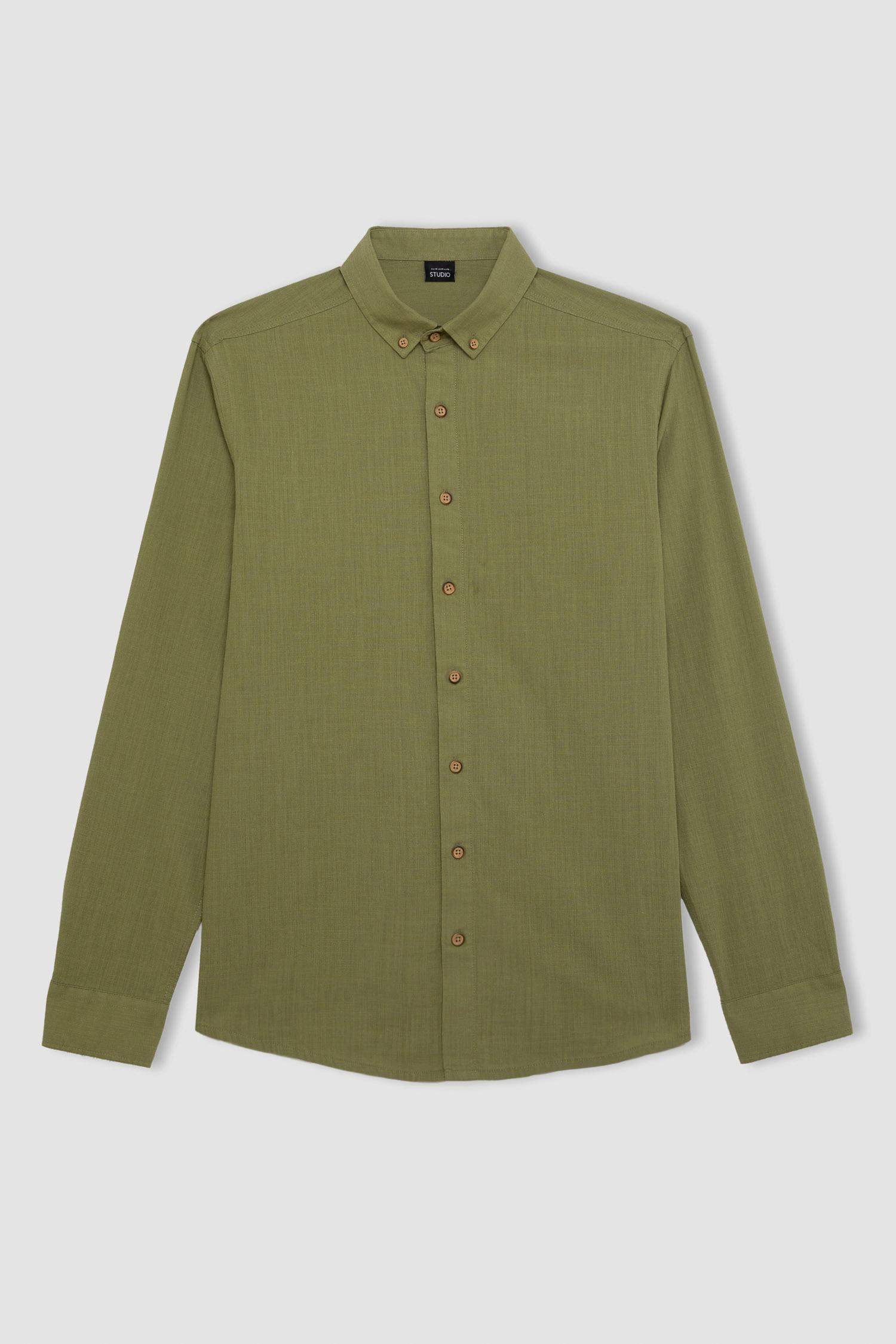 %100 Pamuk Modern Fit Düğmeli Polo Yaka Keten Görünümlü Uzun Kollu Gömlek