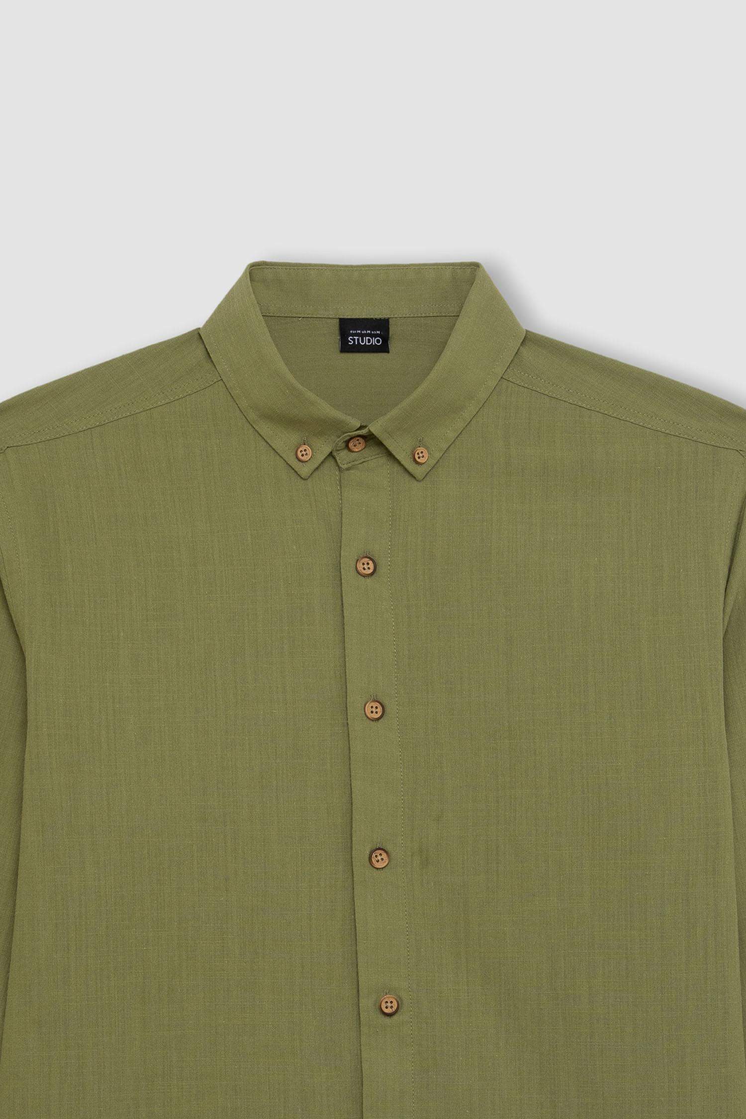 %100 Pamuk Modern Fit Düğmeli Polo Yaka Keten Görünümlü Uzun Kollu Gömlek