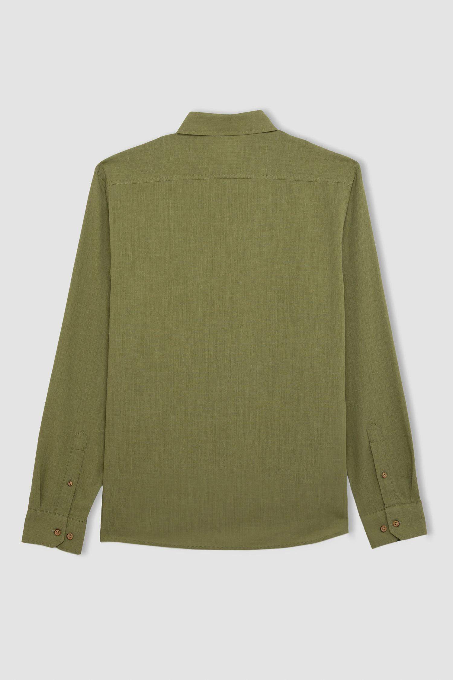 %100 Pamuk Modern Fit Düğmeli Polo Yaka Keten Görünümlü Uzun Kollu Gömlek