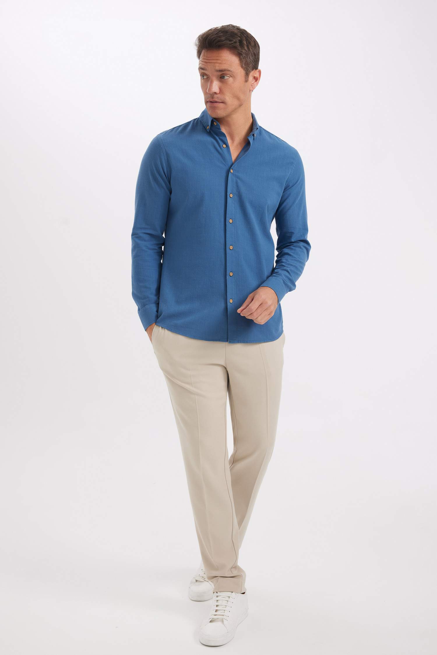 %100 Pamuk Modern Fit Düğmeli Polo Yaka Keten Görünümlü Uzun Kollu Gömlek