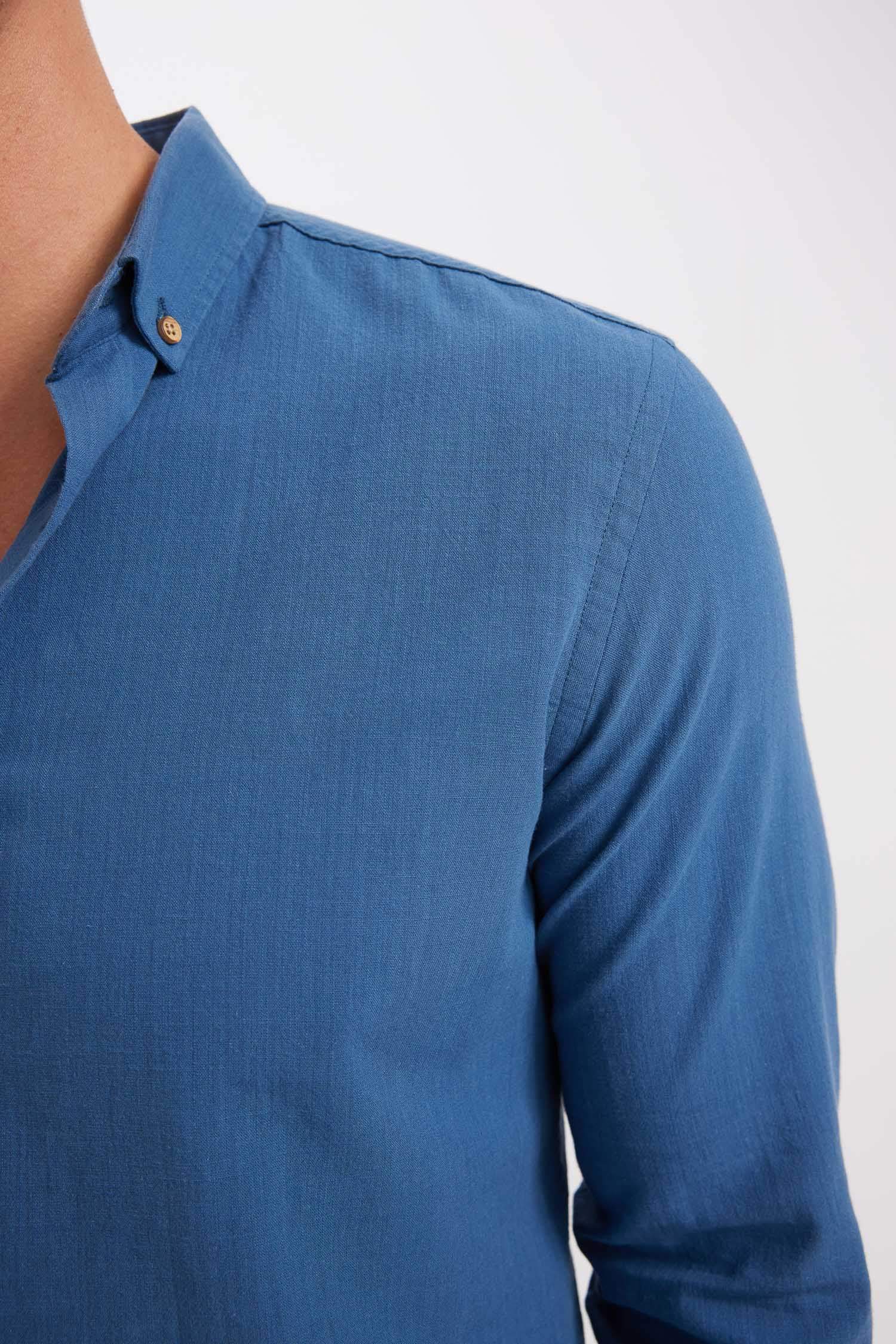 %100 Pamuk Modern Fit Düğmeli Polo Yaka Keten Görünümlü Uzun Kollu Gömlek