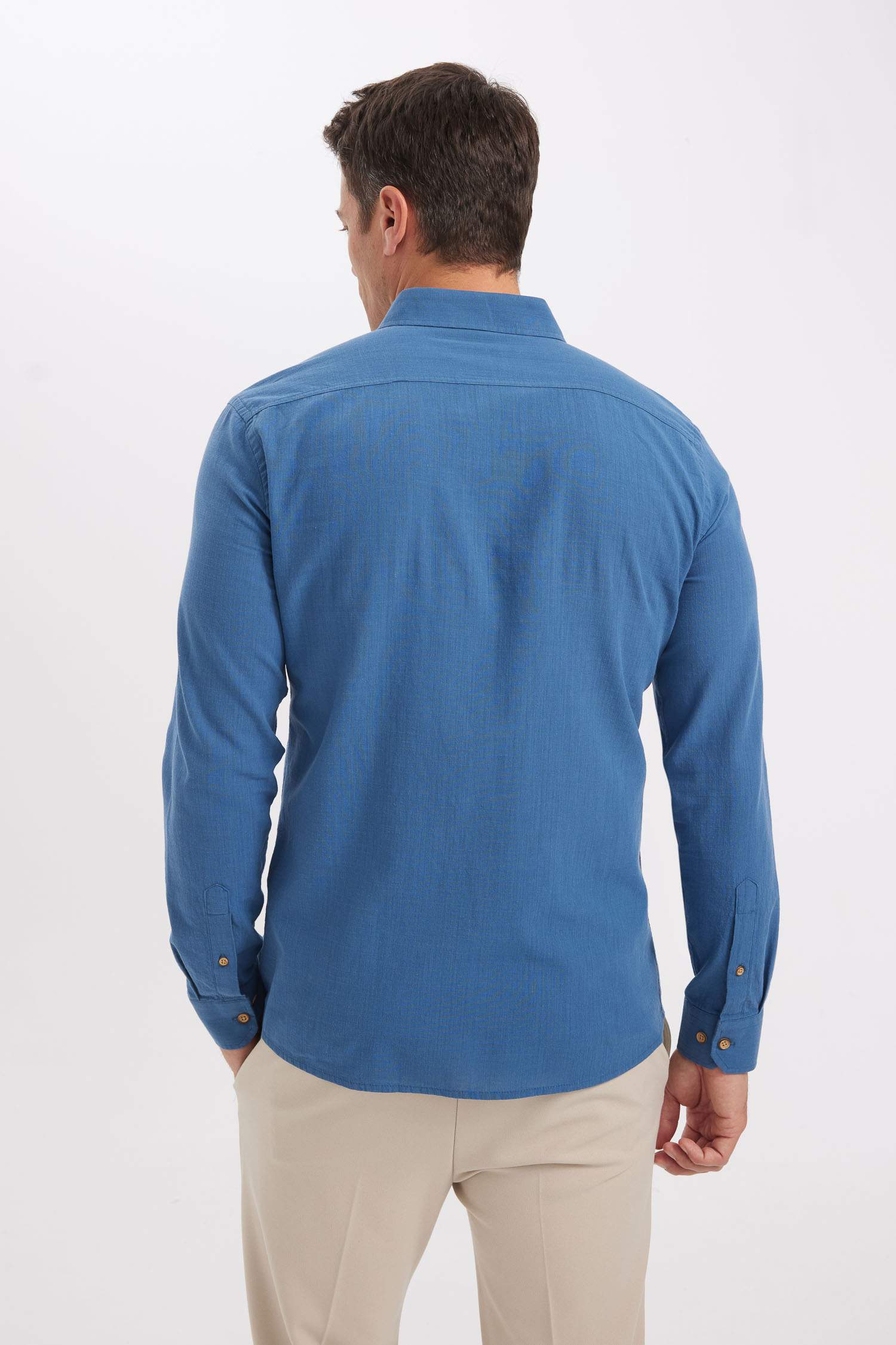 %100 Pamuk Modern Fit Düğmeli Polo Yaka Keten Görünümlü Uzun Kollu Gömlek