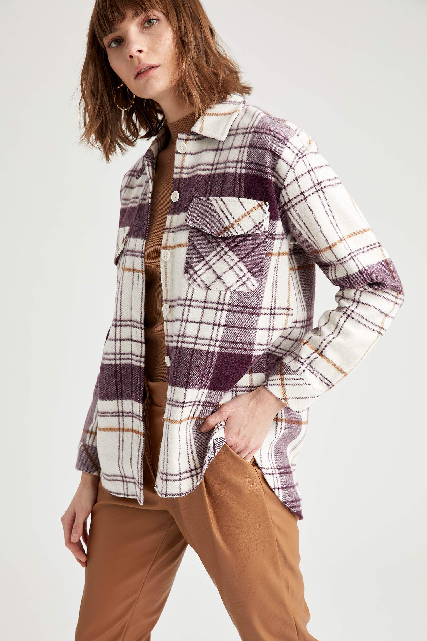 Bordeaux WOMAN Oversize Fit Check Patterned Tunic Jacket 1579417 DeFacto