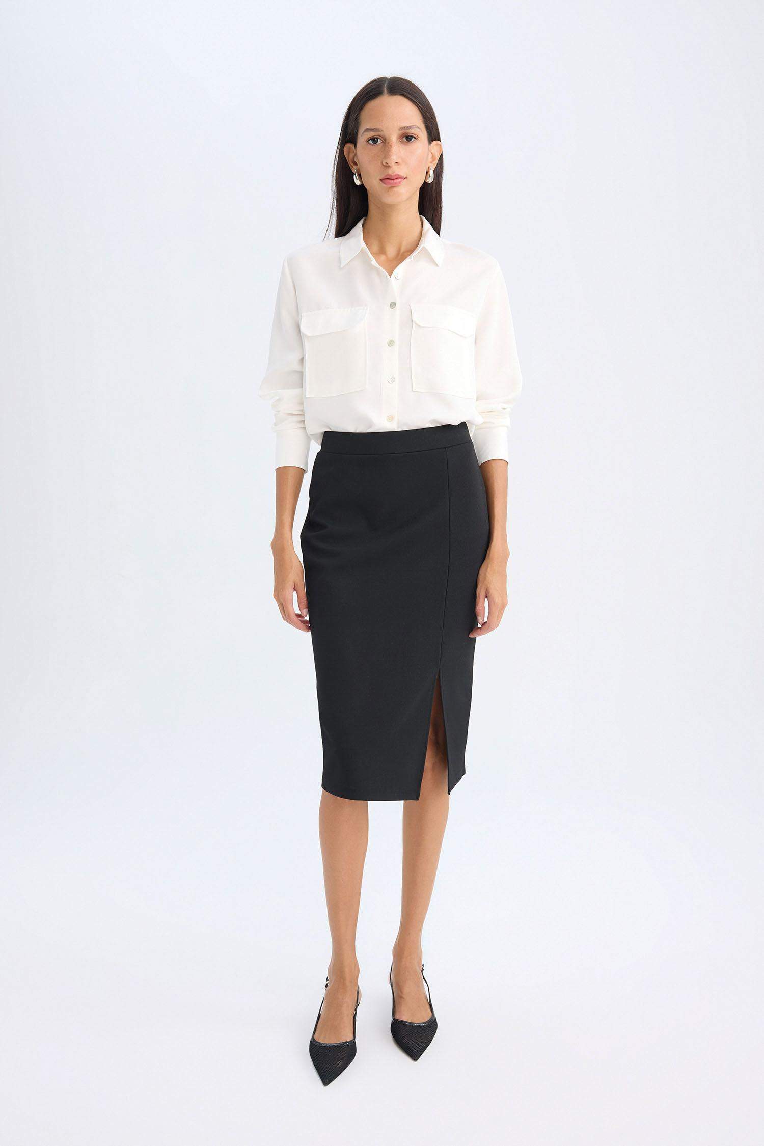 Regular Fit Basic Düz Cepli Dokulu Uzun Kollu Beyaz Gömlek