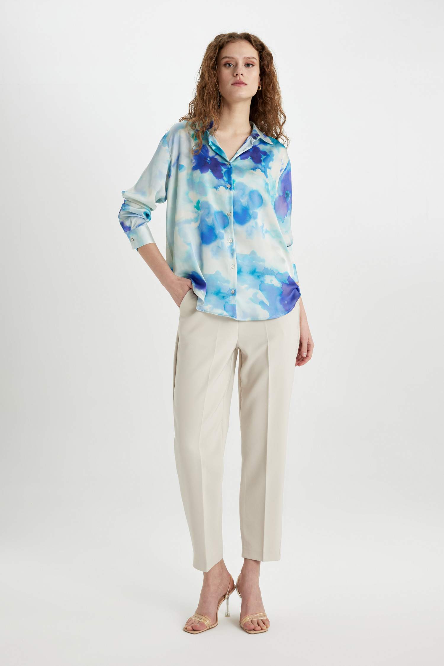 Oversize Geniş Kalıp Desenli Saten Uzun Kollu Gömlek