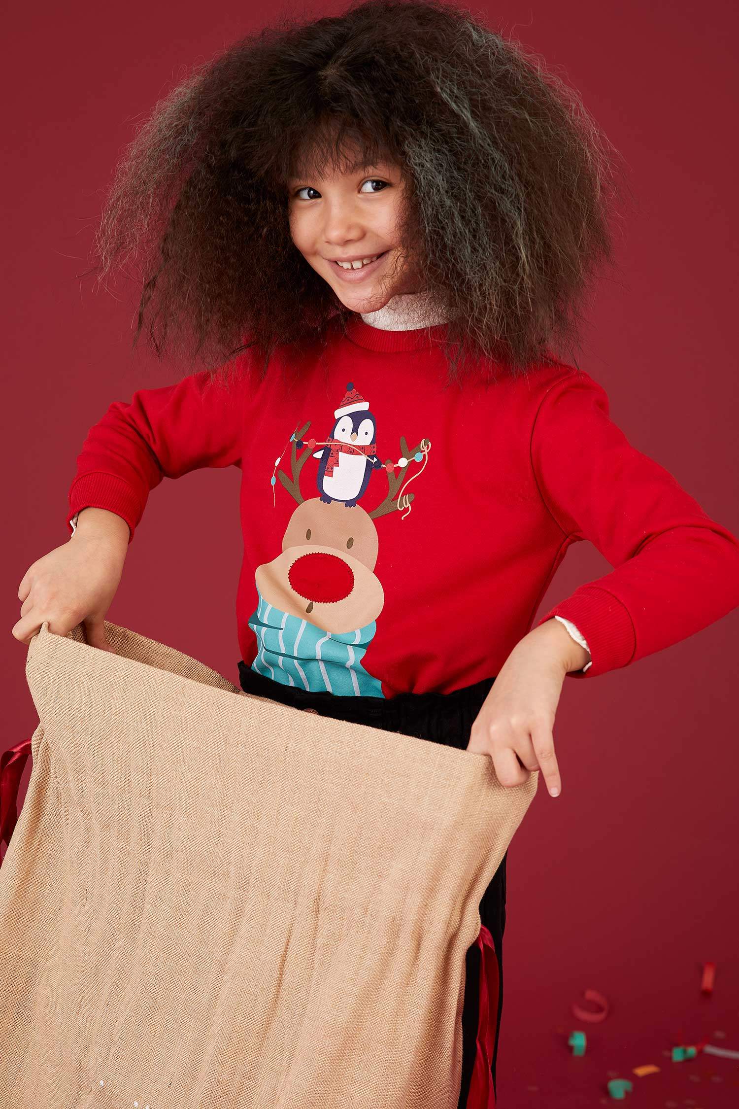 Kız Çocuk Yılbaşı Temalı Işıklı Sweatshirt