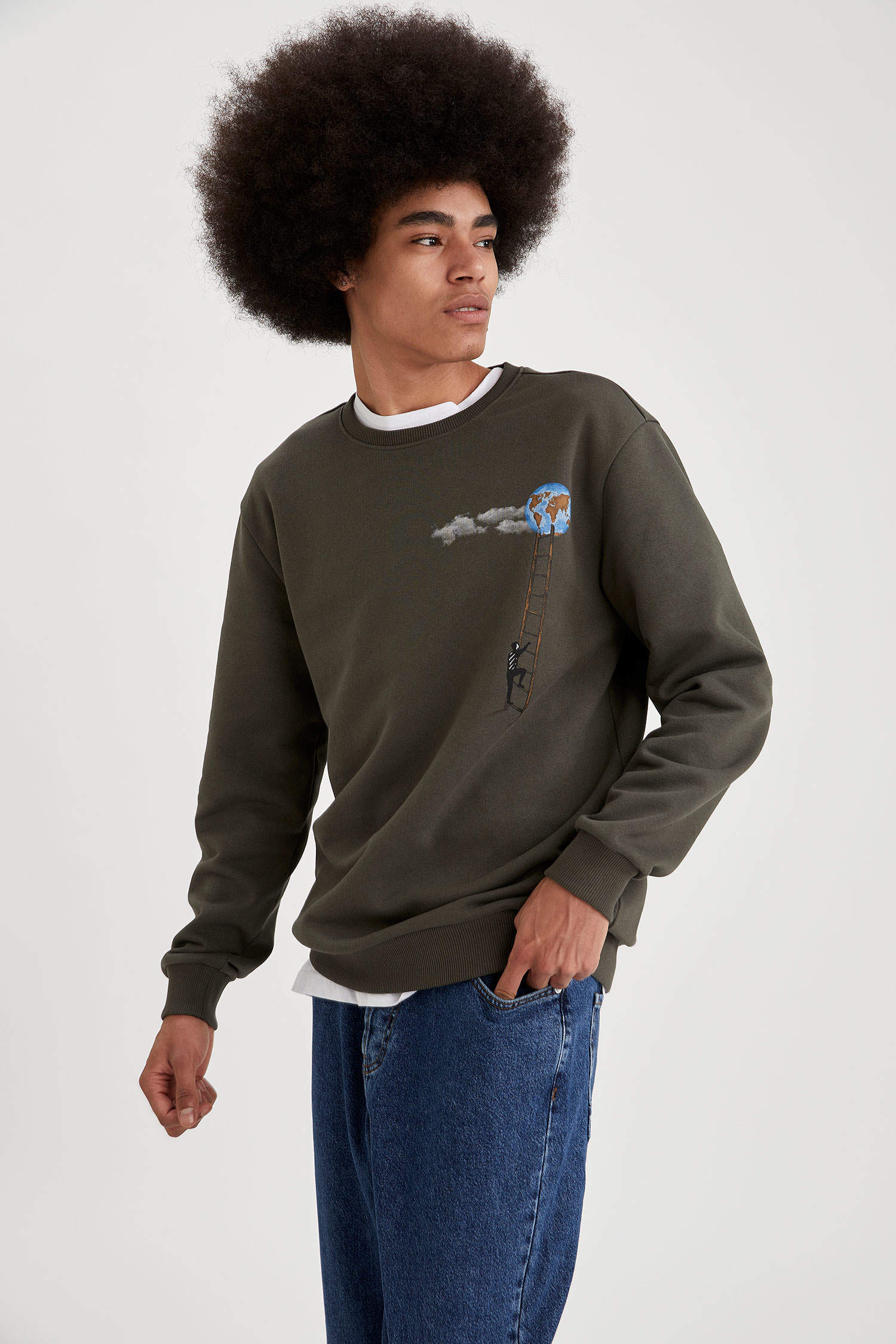 Khaki MAN Regular Fit Crew Neck Earth Print Sweatshirt 1798449 | DeFacto
