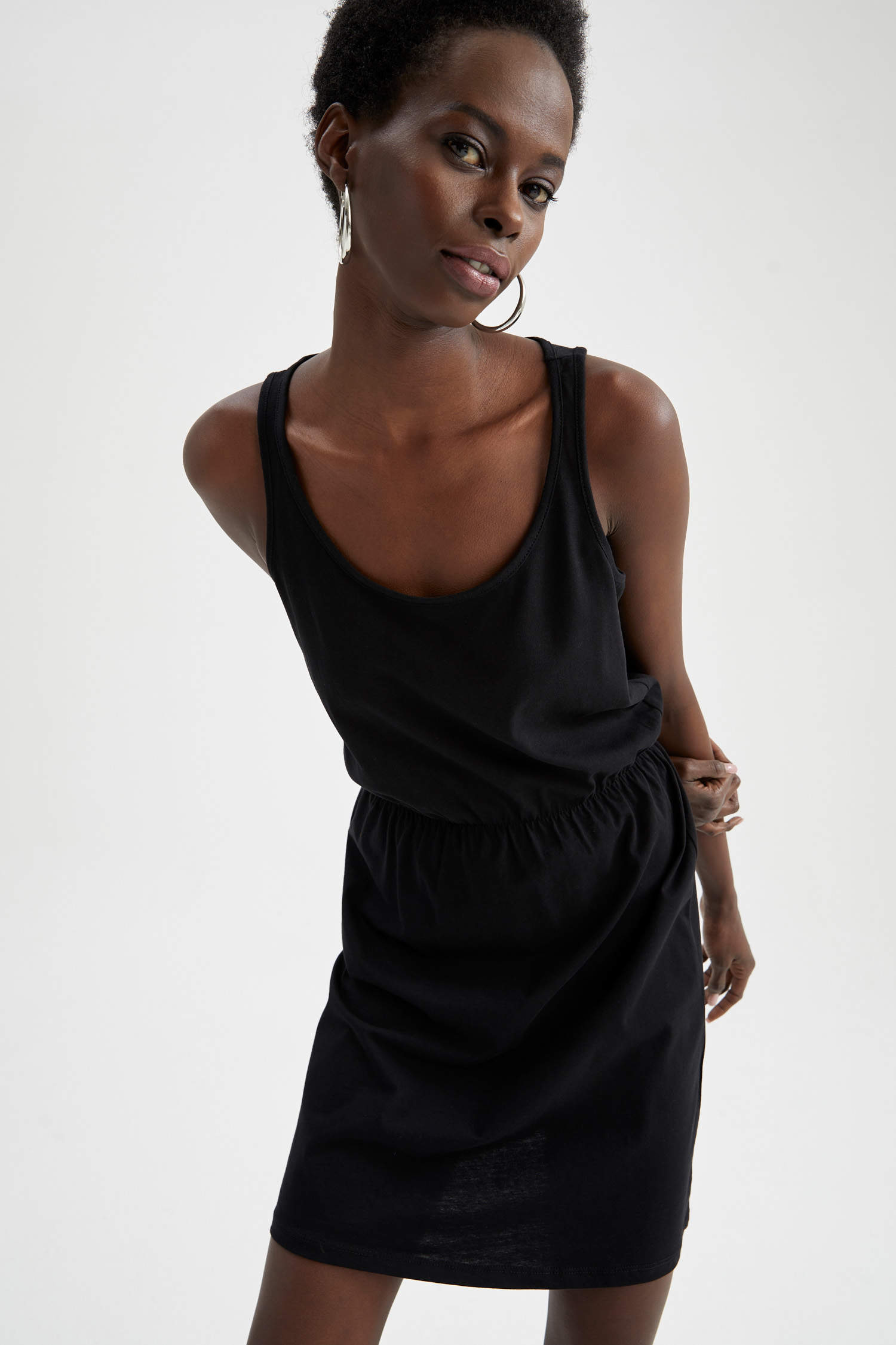 Black WOMAN Relax Fit Strappy Ruched Mini Dress 2390719