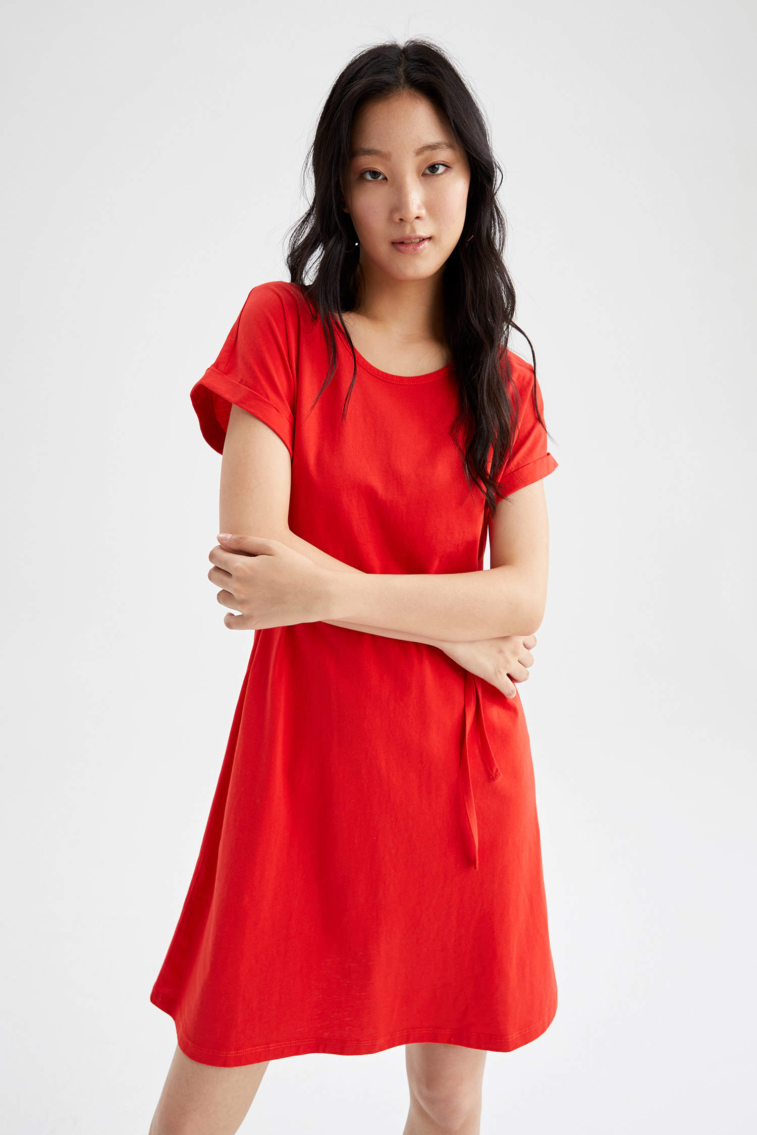 Defacto Basic Beli Bağcıklı Yazlık Kısa Kollu Mini Elbise. 1
