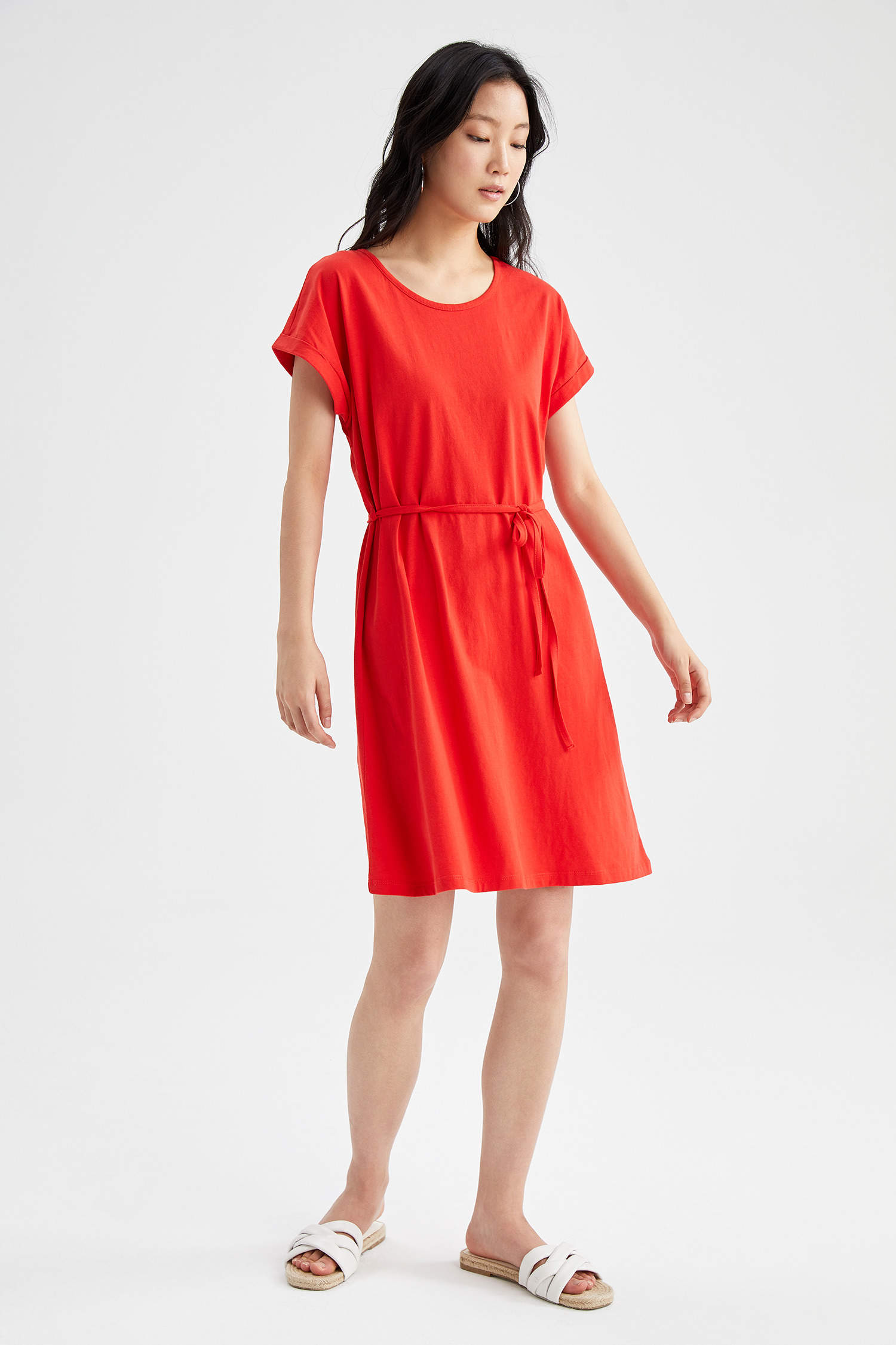 Defacto Basic Beli Bağcıklı Yazlık Kısa Kollu Mini Elbise. 2