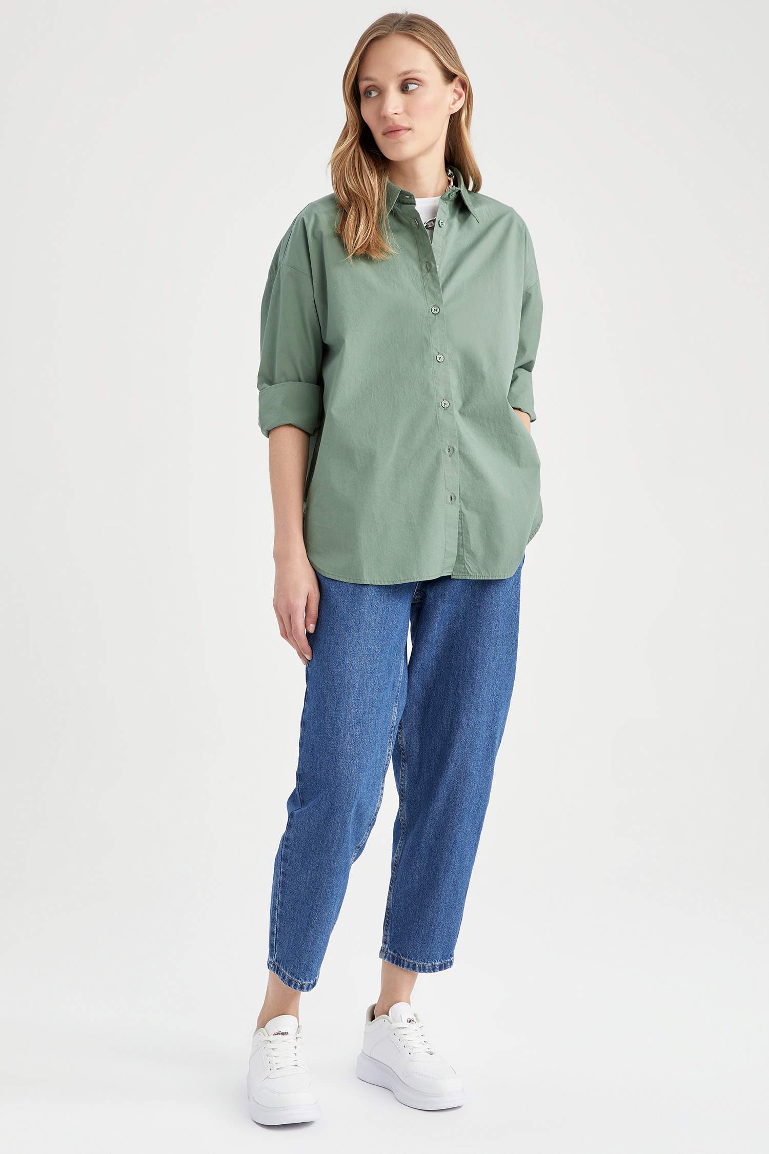 Oversize Fit Shirt Collar Poplin Long Sleeve Shirt