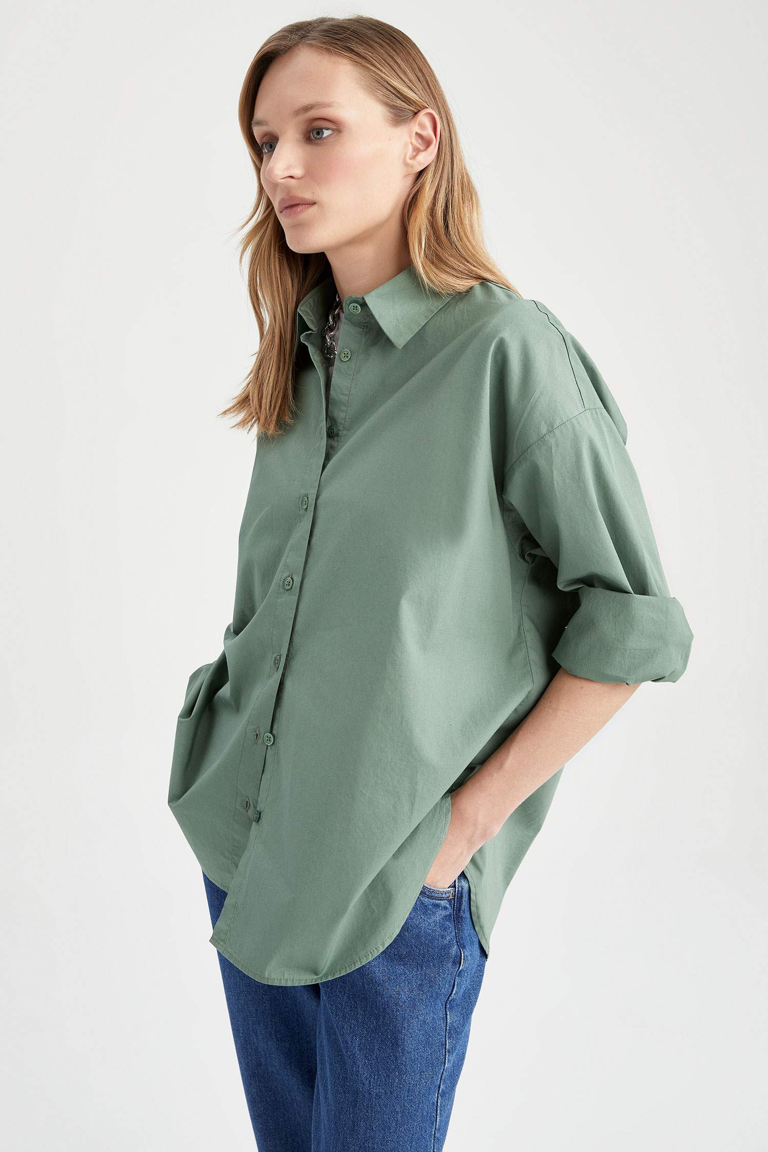 Oversize Fit Shirt Collar Poplin Long Sleeve Shirt