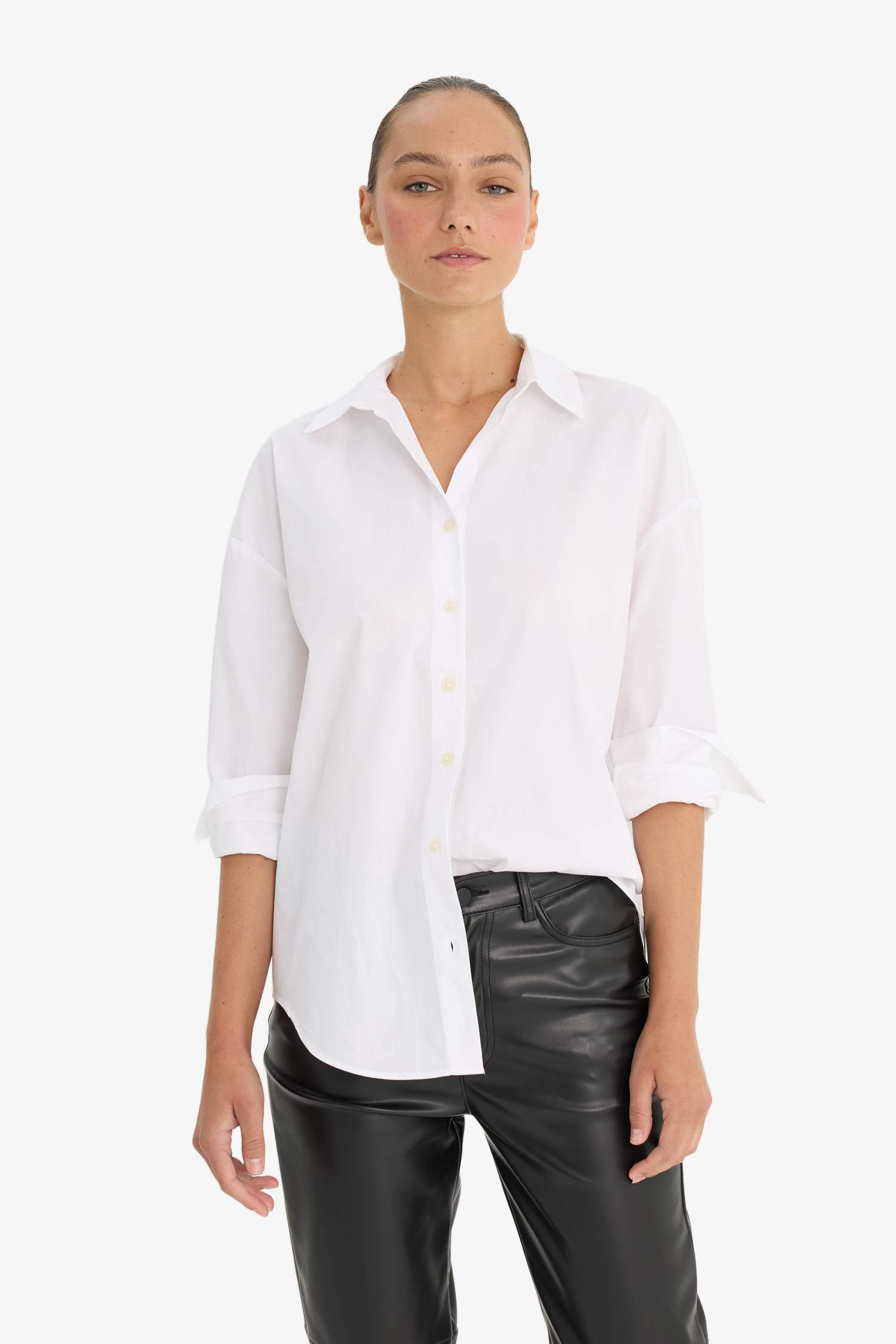 Oversize Fit Shirt Collar Poplin Long Sleeve Shirt