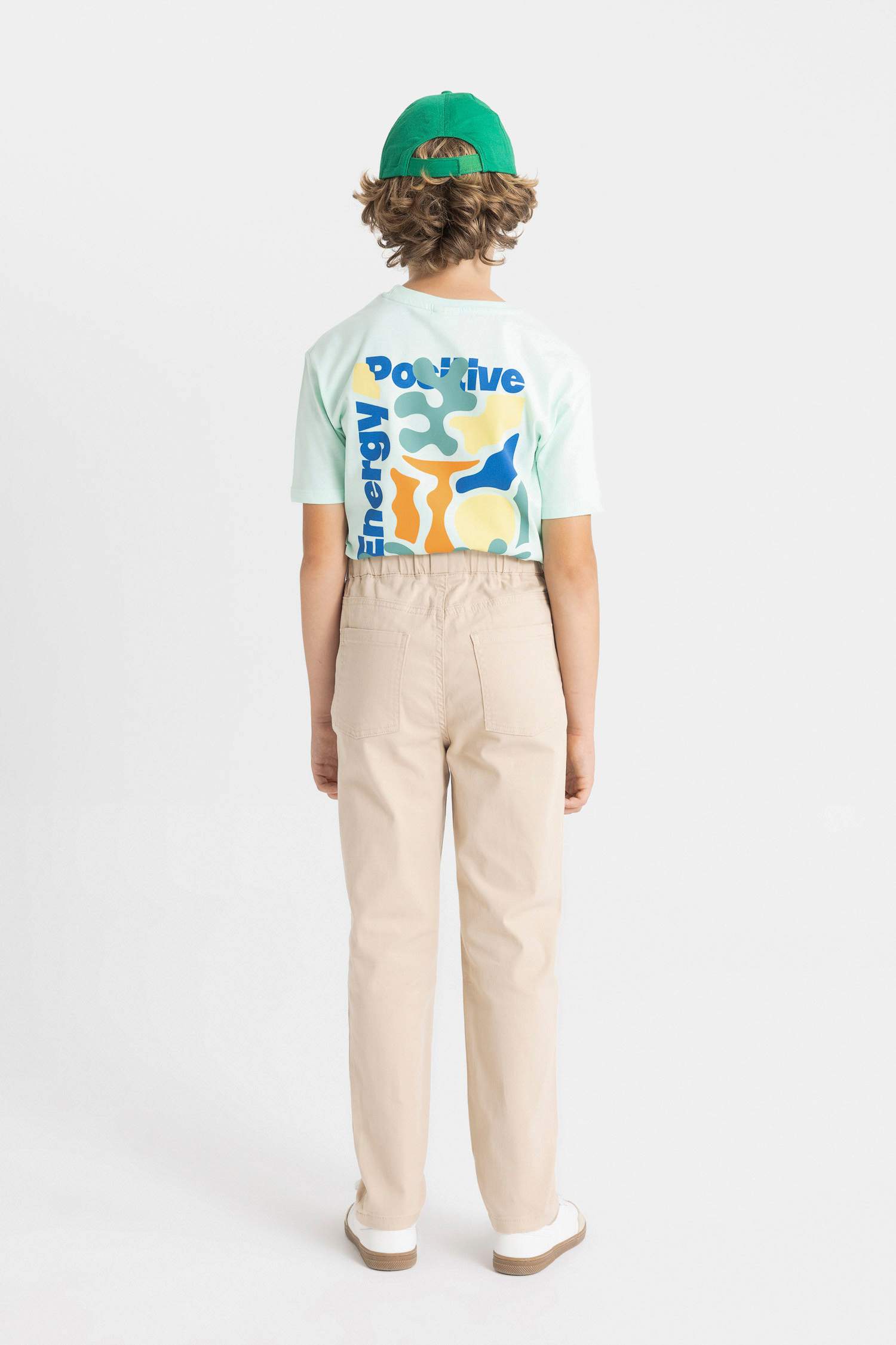 Erkek Çocuk Düz Paça Beli Lastikli Cepli Bej Basic Düz Gabardin Okul Pantolonu