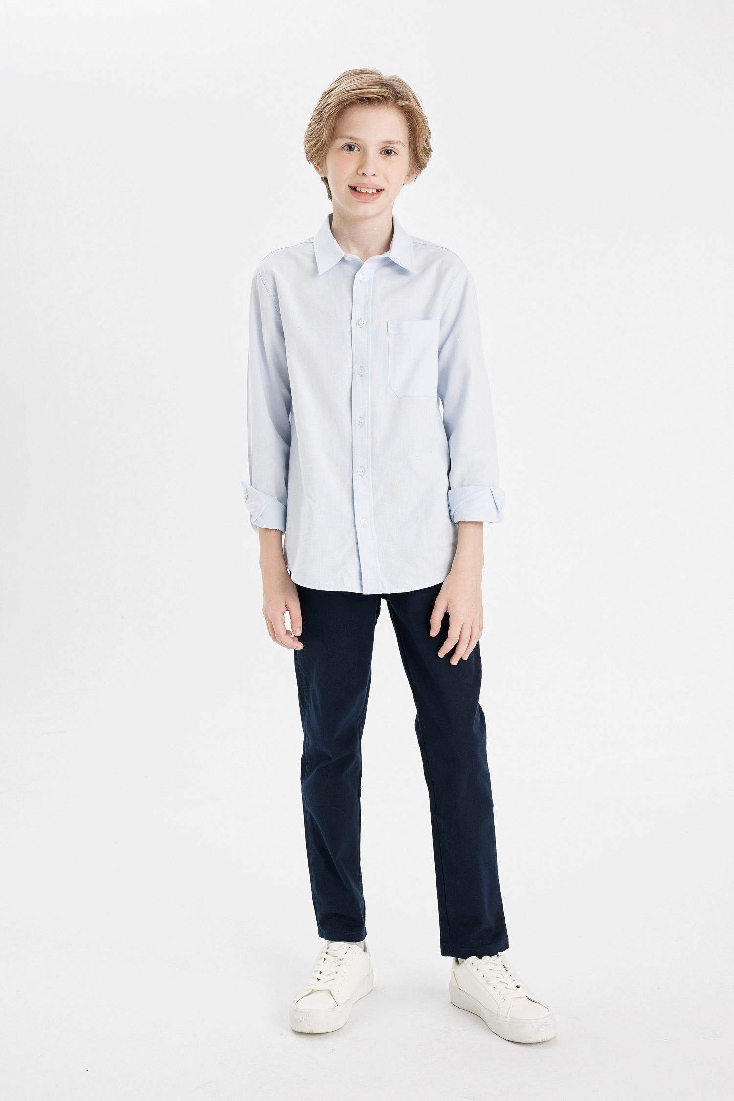 Erkek Çocuk Polo Yaka Oxford Uzun Kollu Basic Düz Okul Gömleği