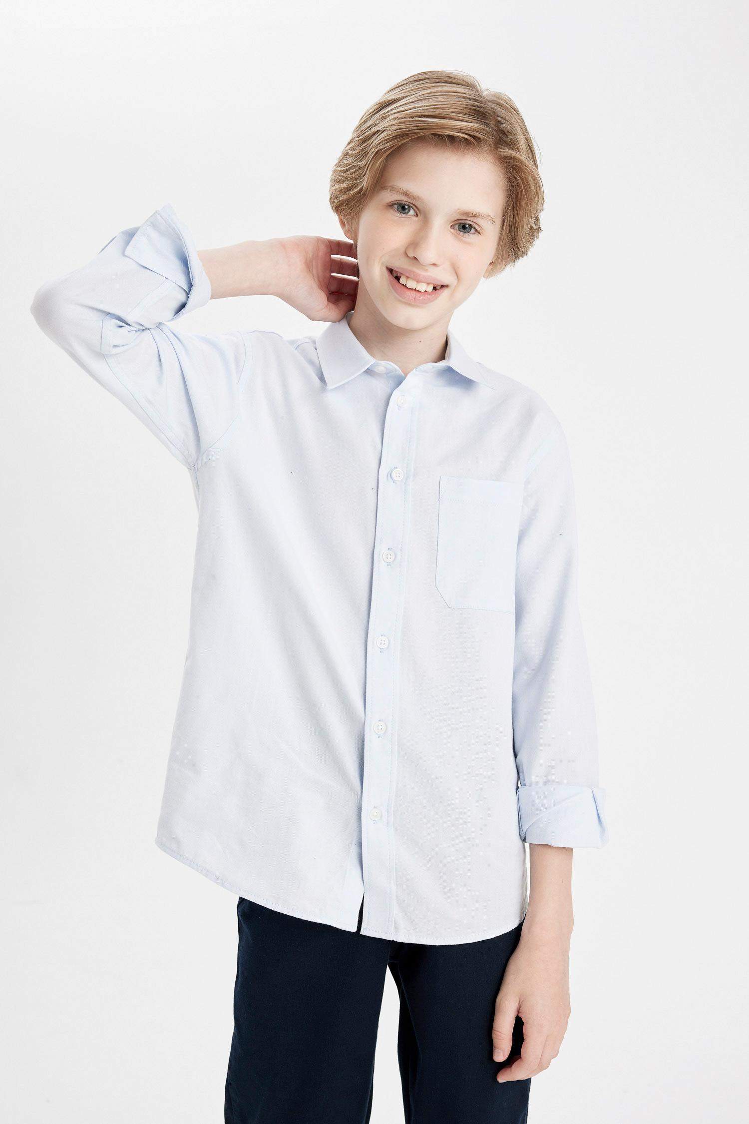 Erkek Çocuk Polo Yaka Oxford Uzun Kollu Basic Düz Okul Gömleği