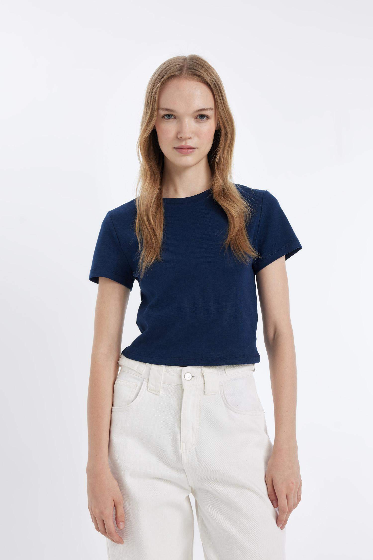 Coool Fitted Bisiklet Yaka Ribana Basic Düz Kısa Kollu Tişört