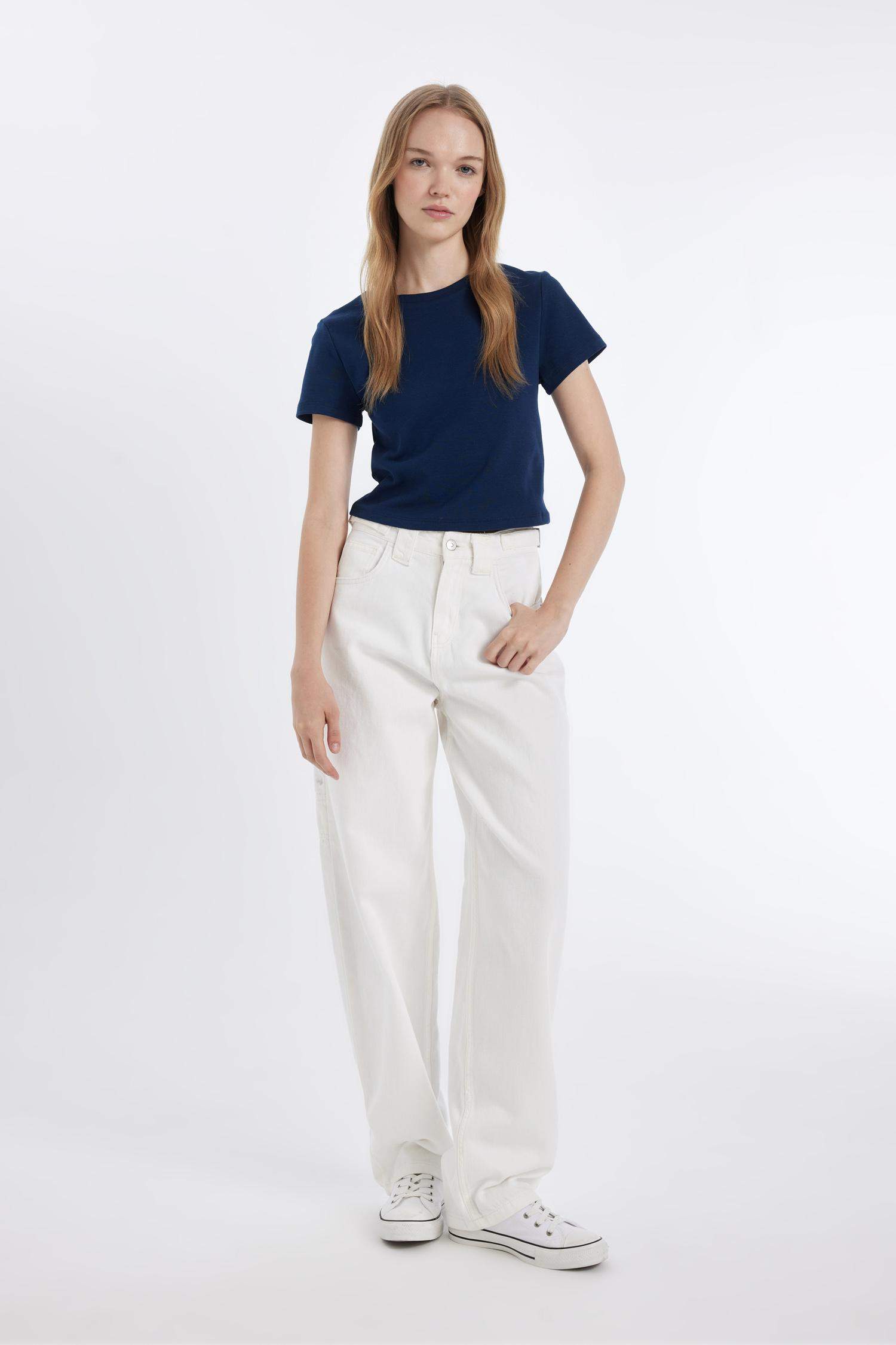 Coool Fitted Bisiklet Yaka Ribana Basic Düz Kısa Kollu Tişört