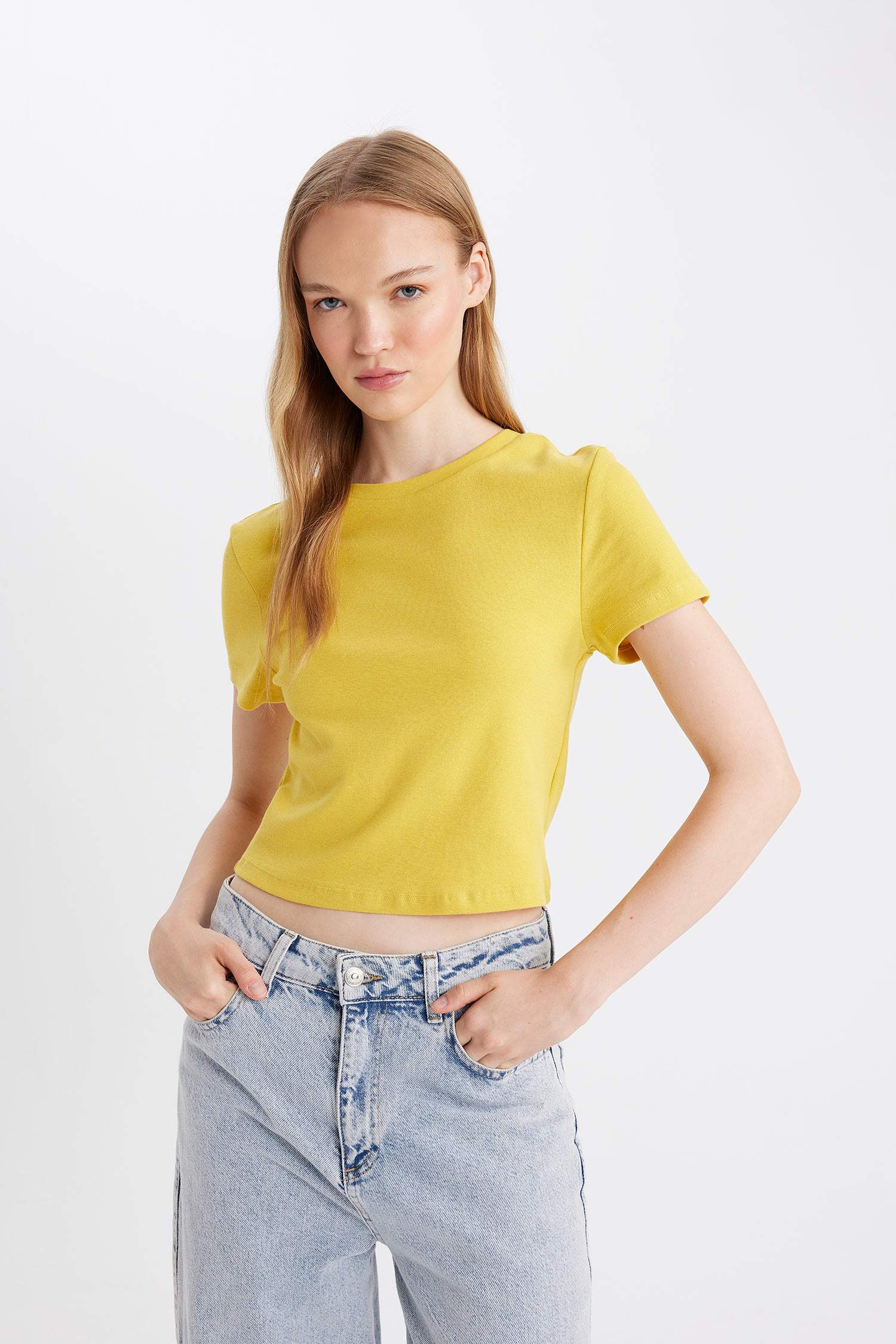 Coool Fitted Bisiklet Yaka Ribana Basic Düz Kısa Kollu Tişört