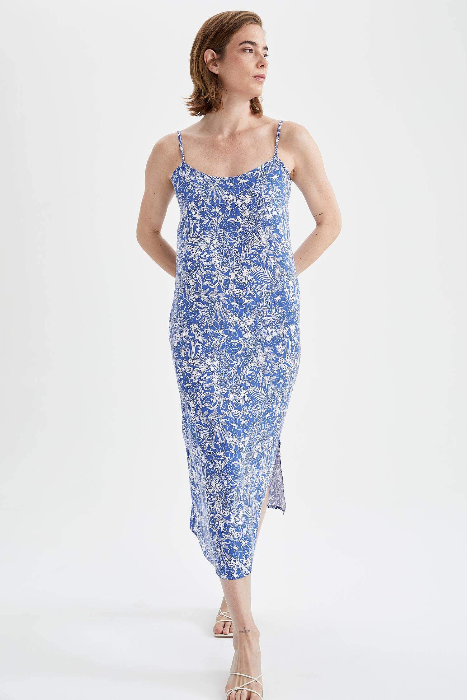 Blue WOMAN Floral Patterned Spaghetti Strap Midi Dress 1825061 DeFacto