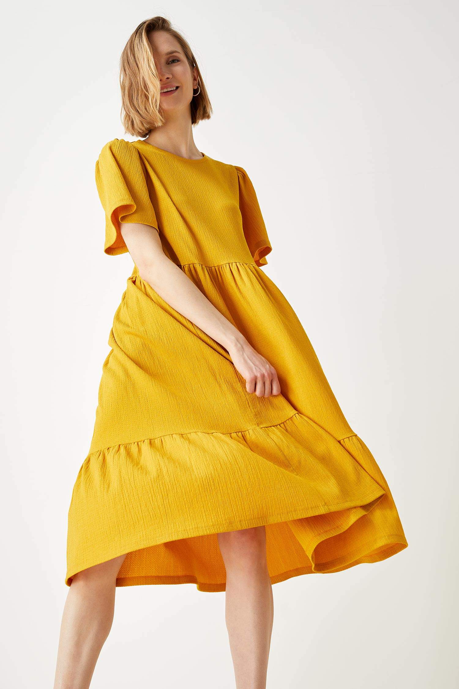 sarı midi elbise