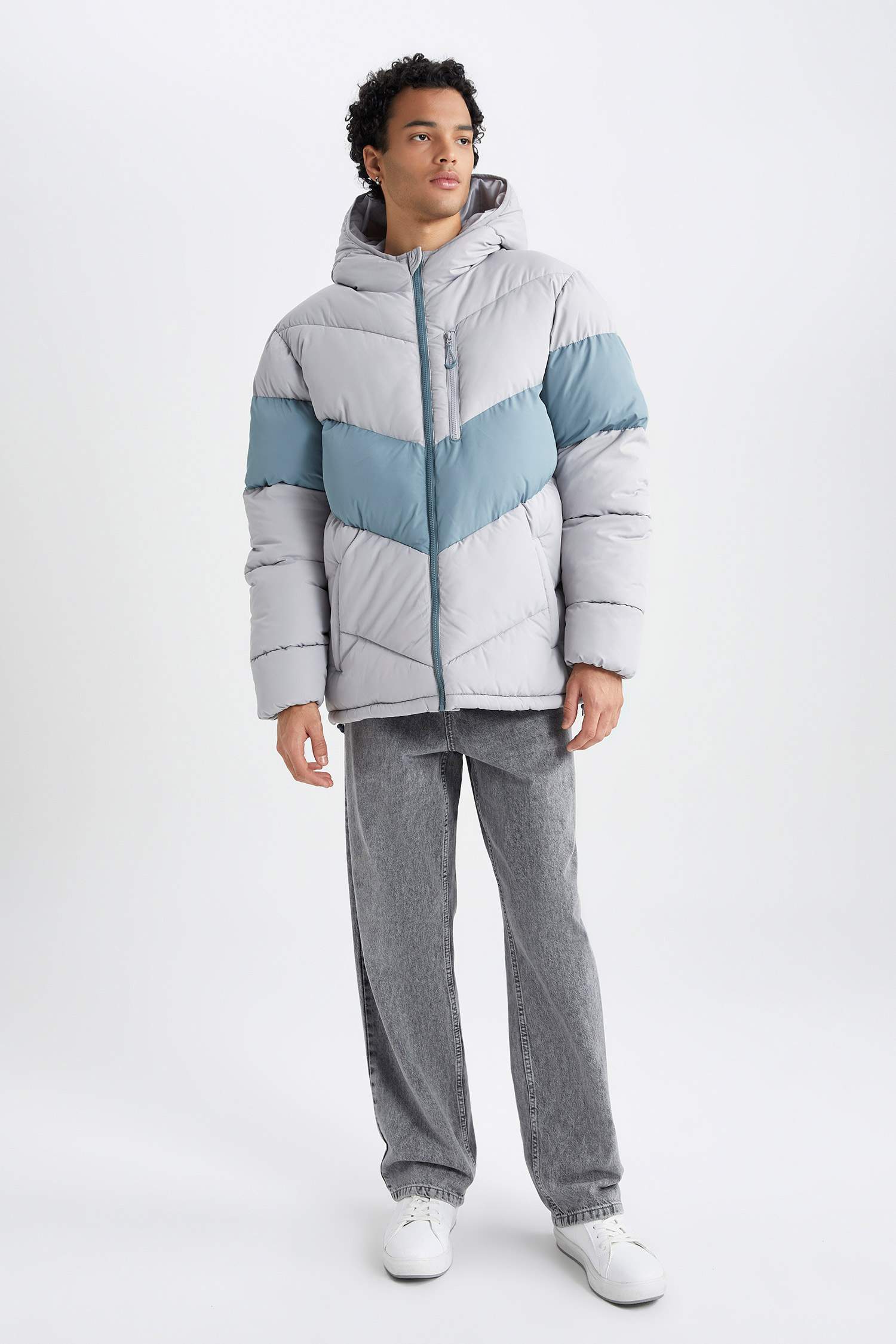 Su İtici Kapüşonlu Şişme Mont Fermuarlı Çift Cepli