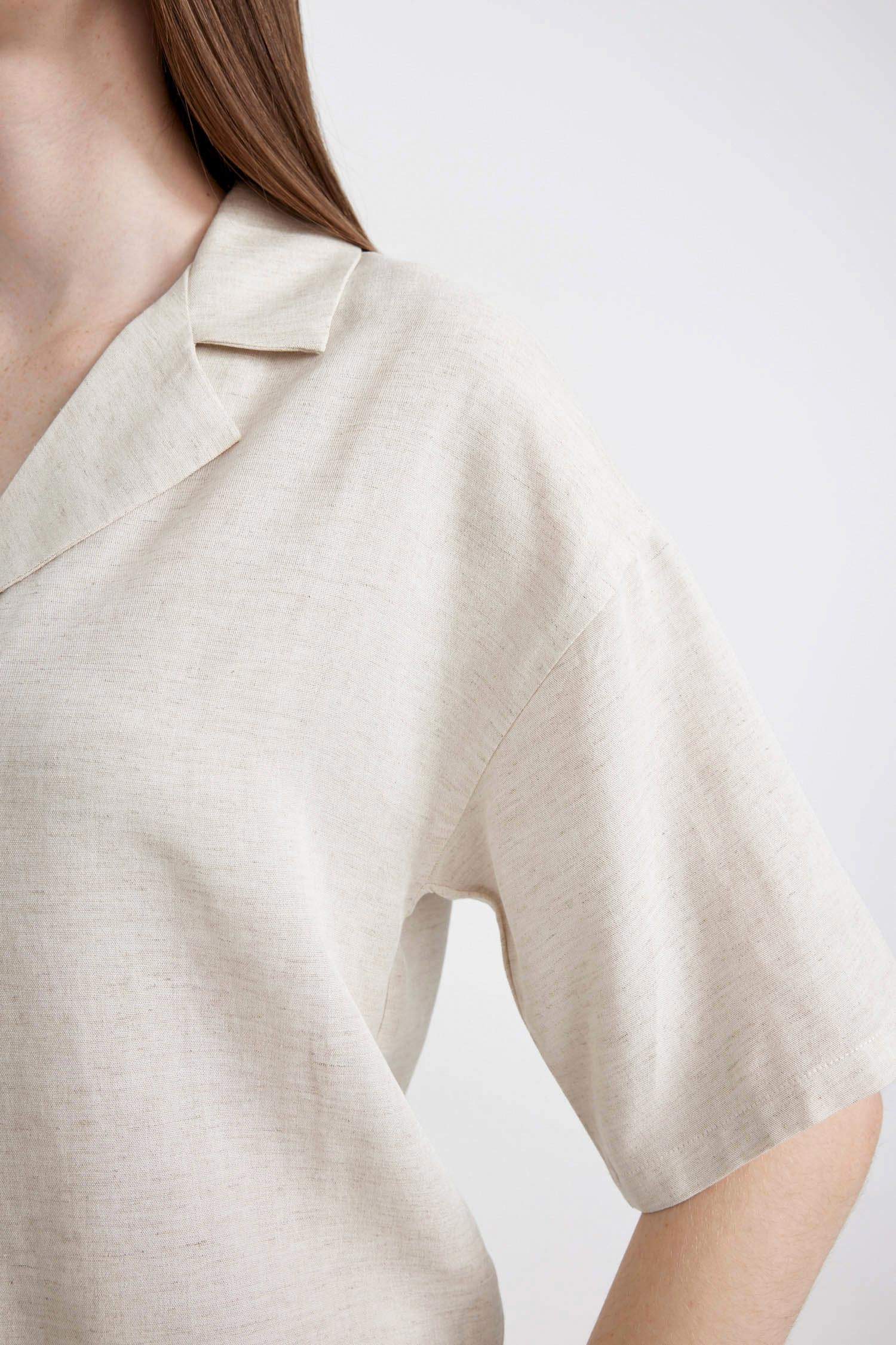 Oversize Geniş Kalıp Pijama Yaka Keten Karışımlı Kısa Kollu Gömlek