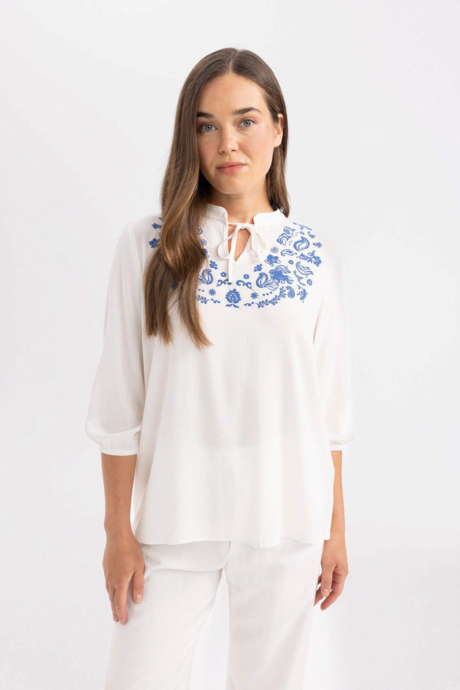 Regular Fit Baskılı Krinkıl Kumaş Uzun Kollu Bluz