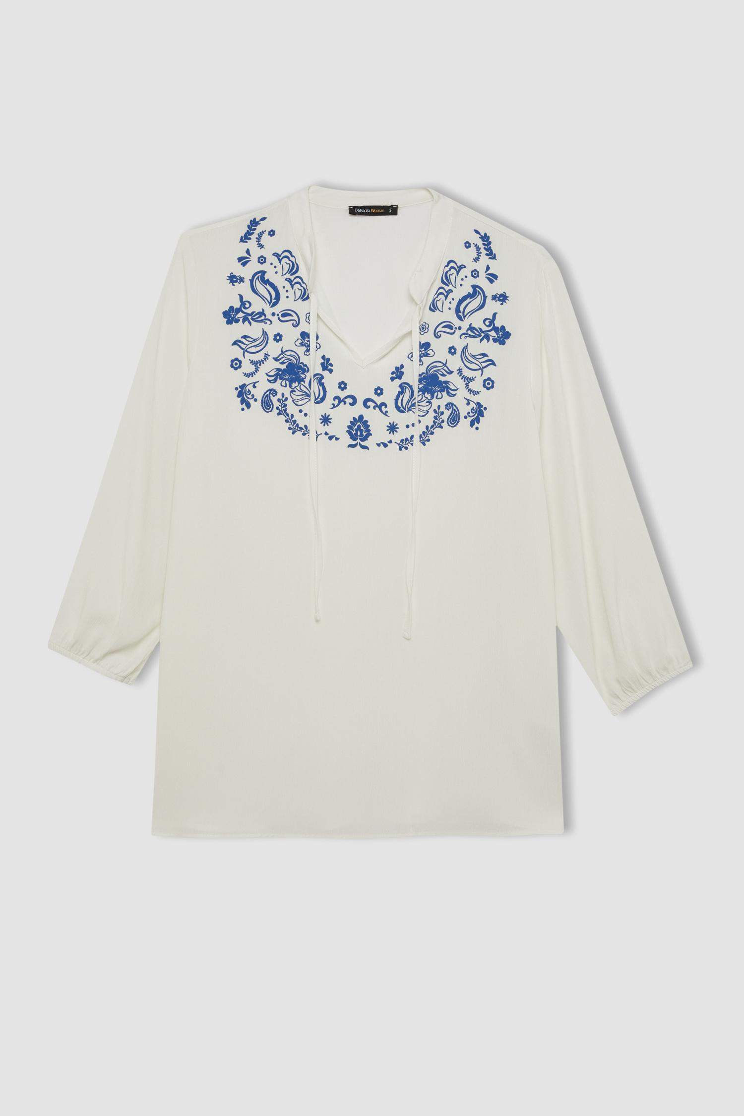 Regular Fit Baskılı Krinkıl Kumaş Uzun Kollu Bluz