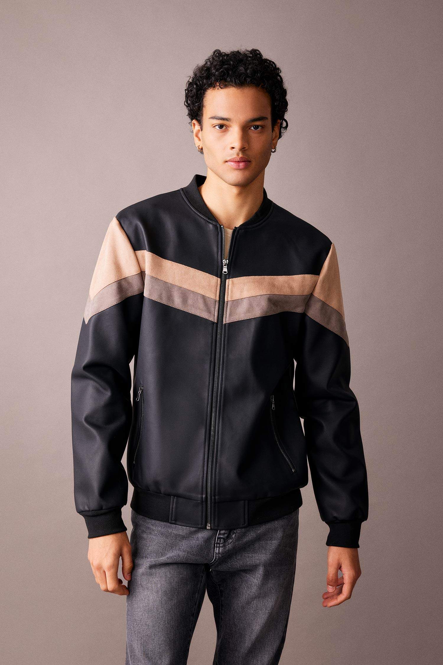 Su İtici Slim Fit Kolej Yaka Fermuar Kapamalı Cepli Mevsimlik Hafif Suni Deri Bomber Mont Ceket 