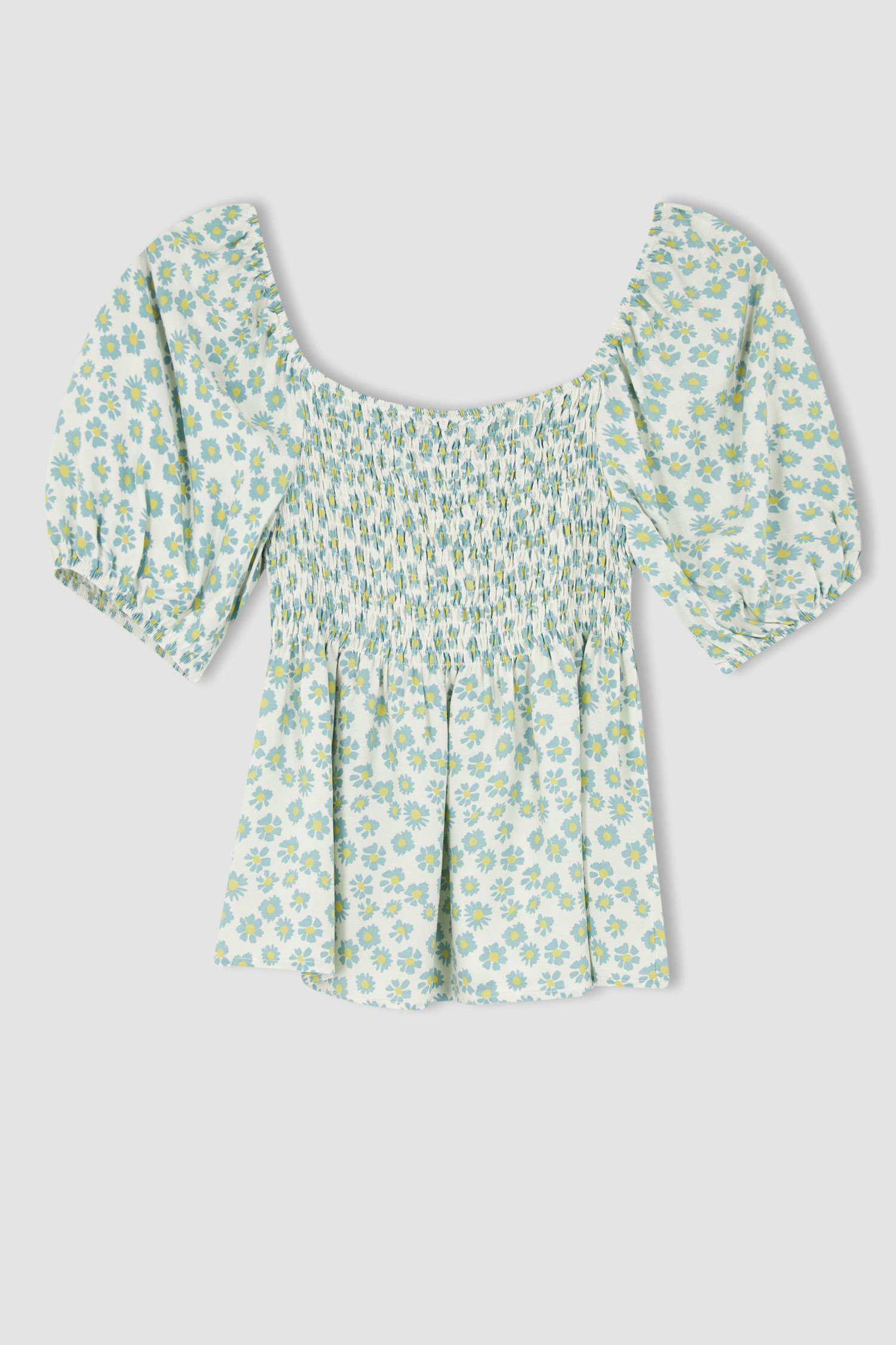 Fitted Kare Yaka Çiçekli Kısa Kollu Bluz