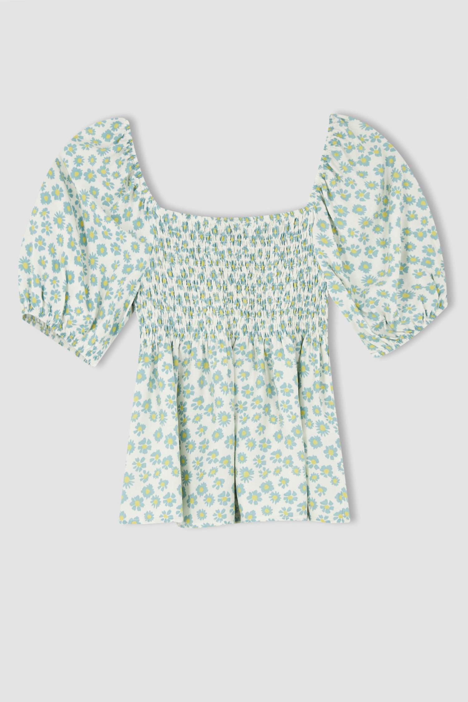 Fitted Kare Yaka Çiçekli Kısa Kollu Bluz