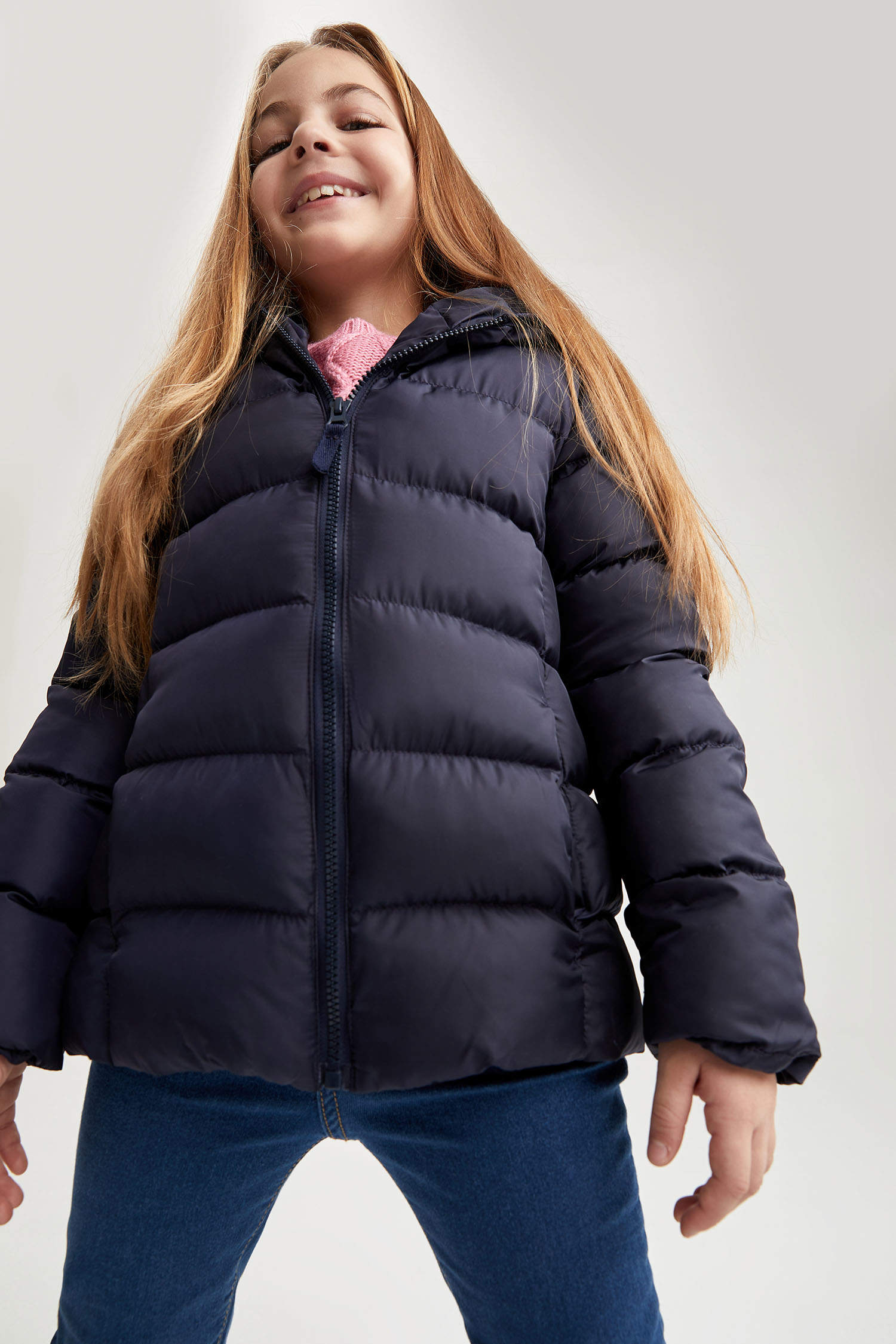 Navy Girls & Teens Girl Zip-Up Hooded Puffed Jacket 2020147 | DeFacto