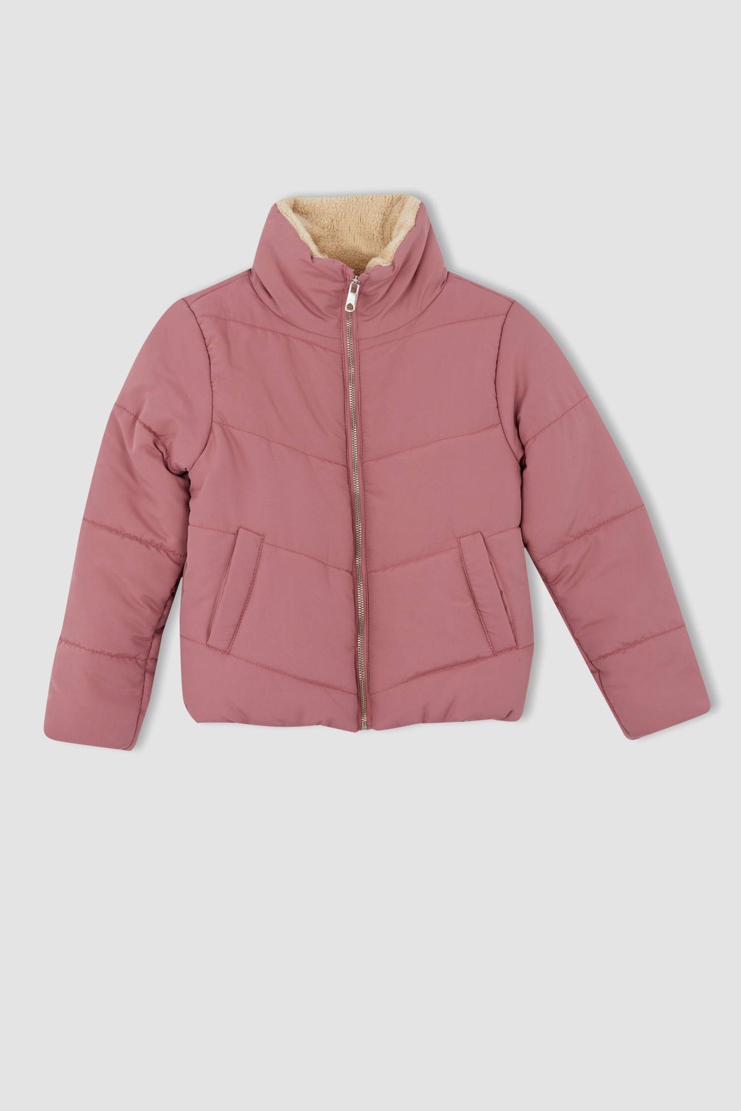 Kız Çocuk Dik Yaka Pelüş Astarlı Puffer Mont