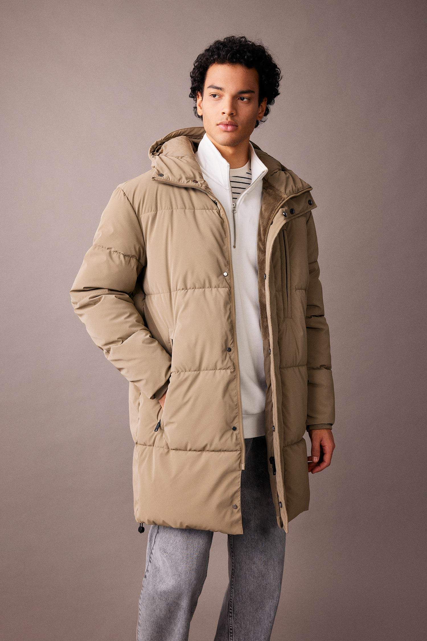 Regular Fit Hooded Faux Fur Lined Long Puffer Jacket