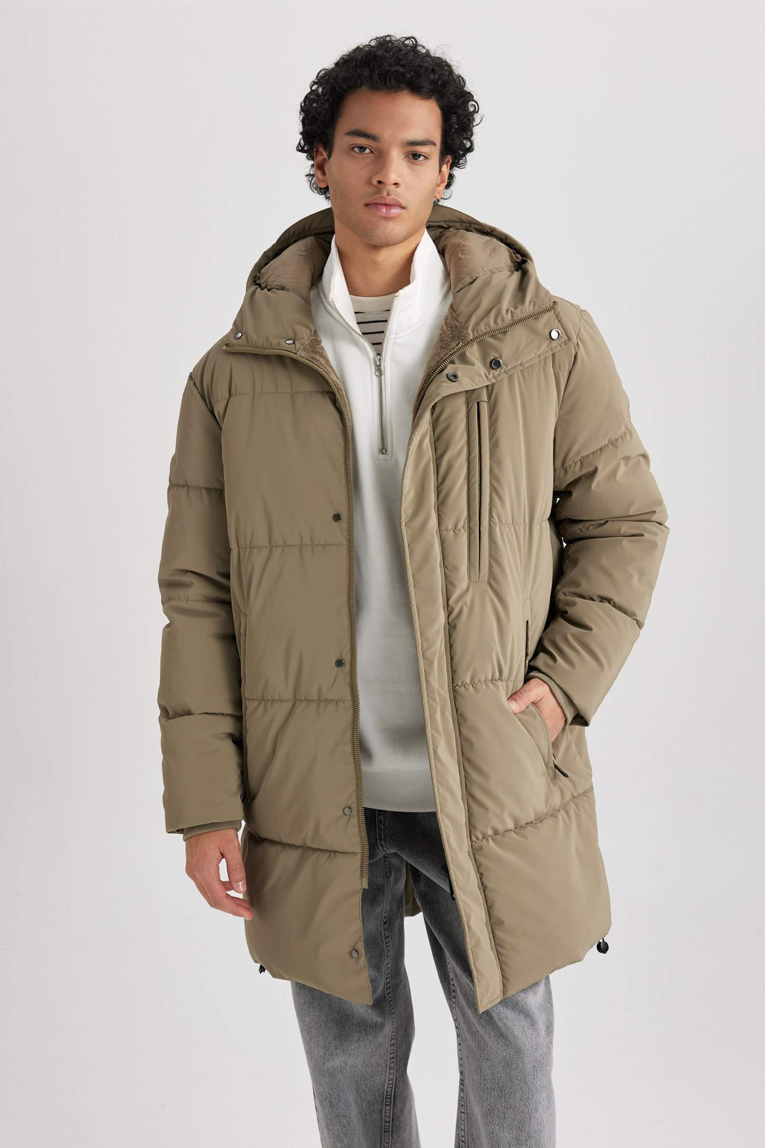 Regular Fit Hooded Faux Fur Lined Long Puffer Jacket