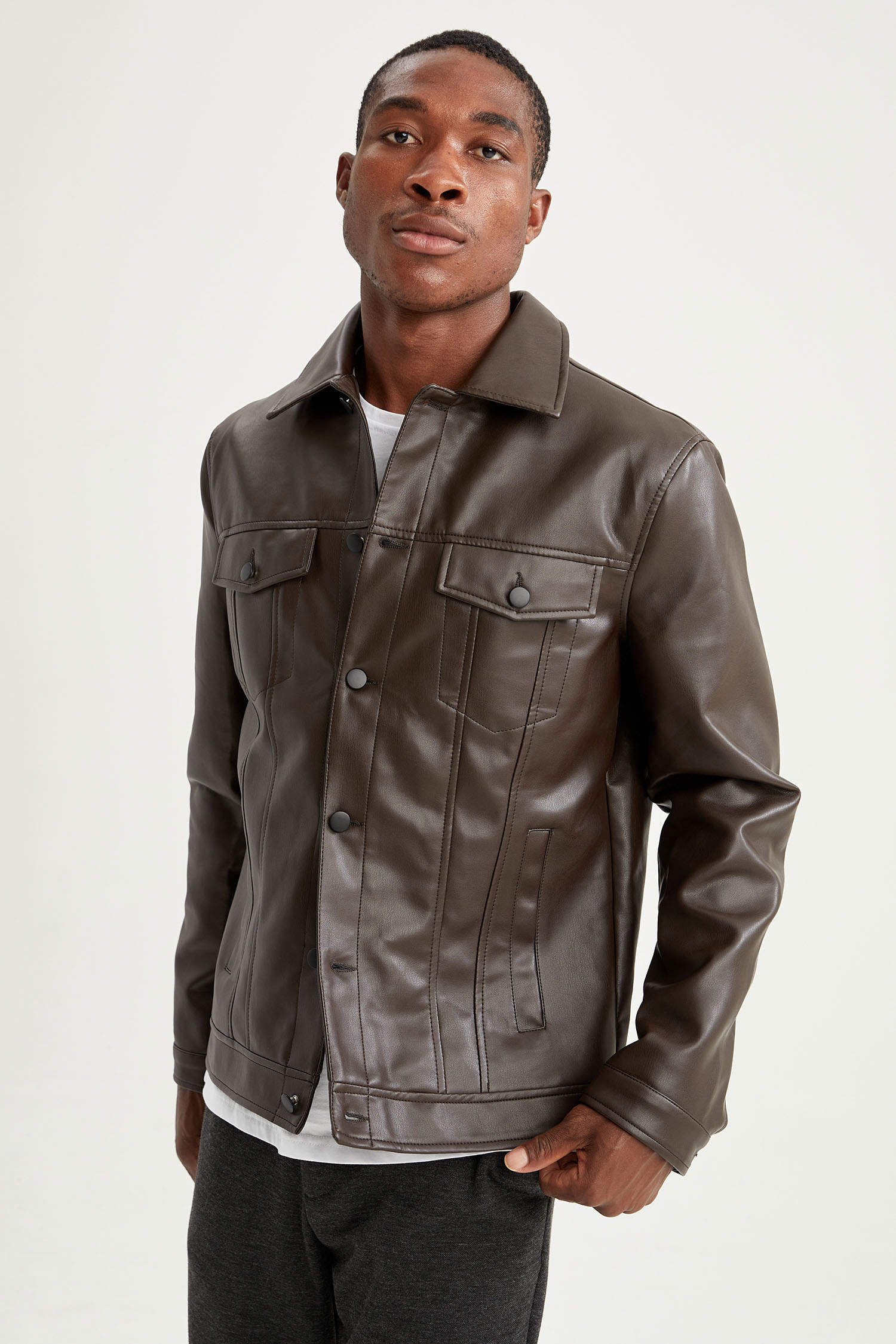 Brown MAN Slim Fit Faux Leather Biker Jacket 1988228 | DeFacto