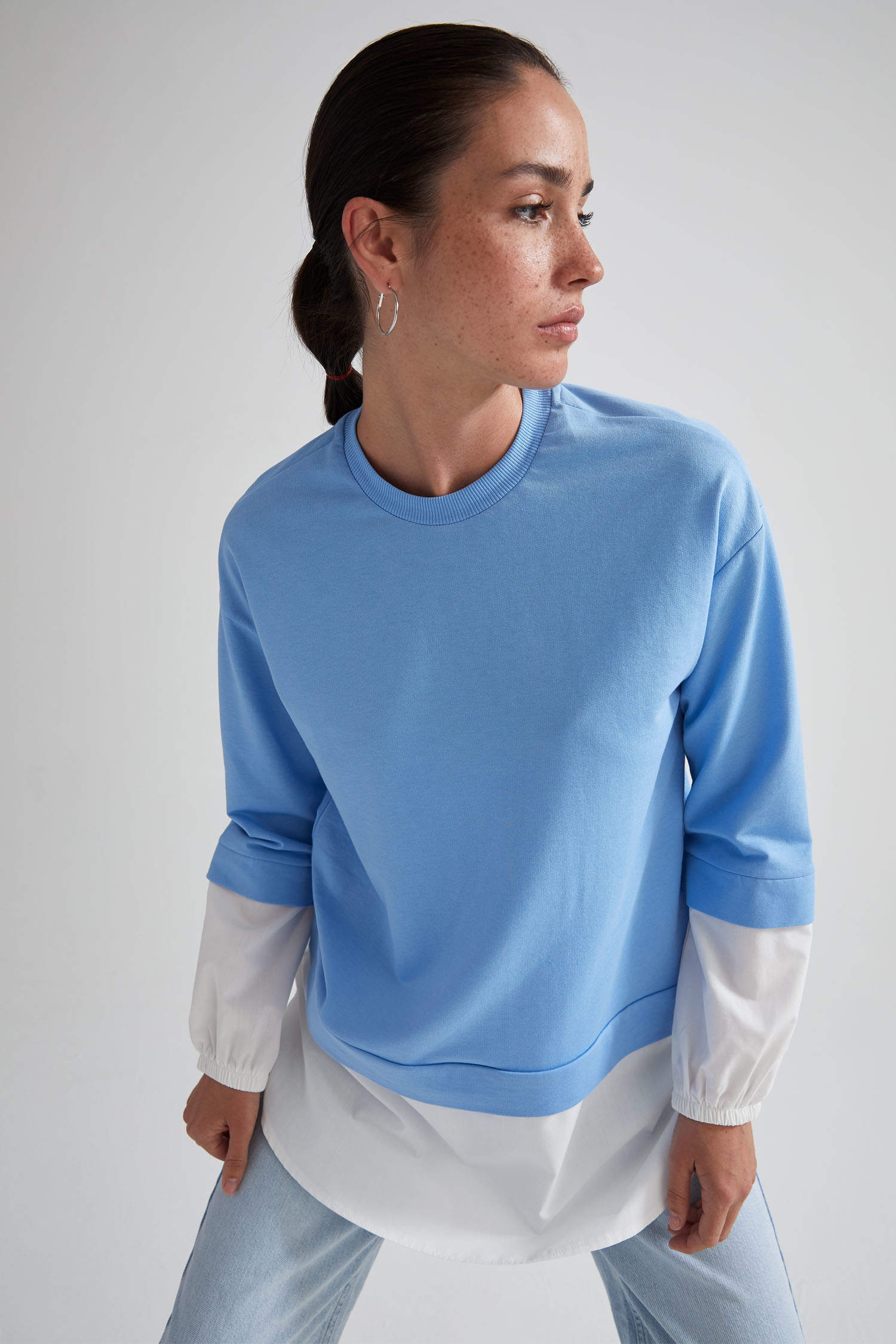 Defacto Regular Fit Gömlek Detaylı Sweatshirt Tunik. 7