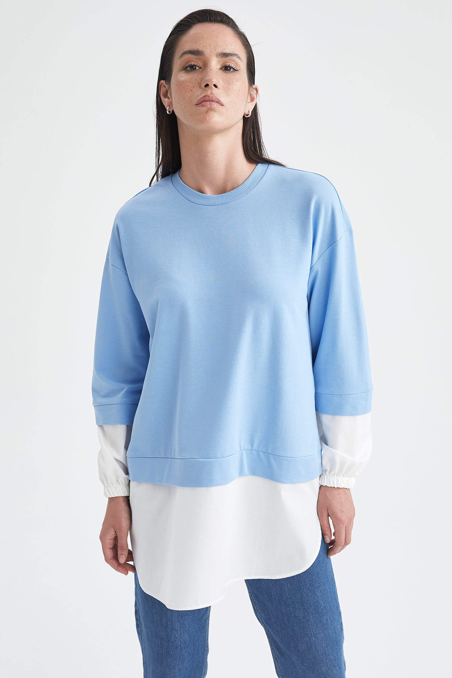 Defacto Regular Fit Gömlek Detaylı Sweatshirt Tunik. 4