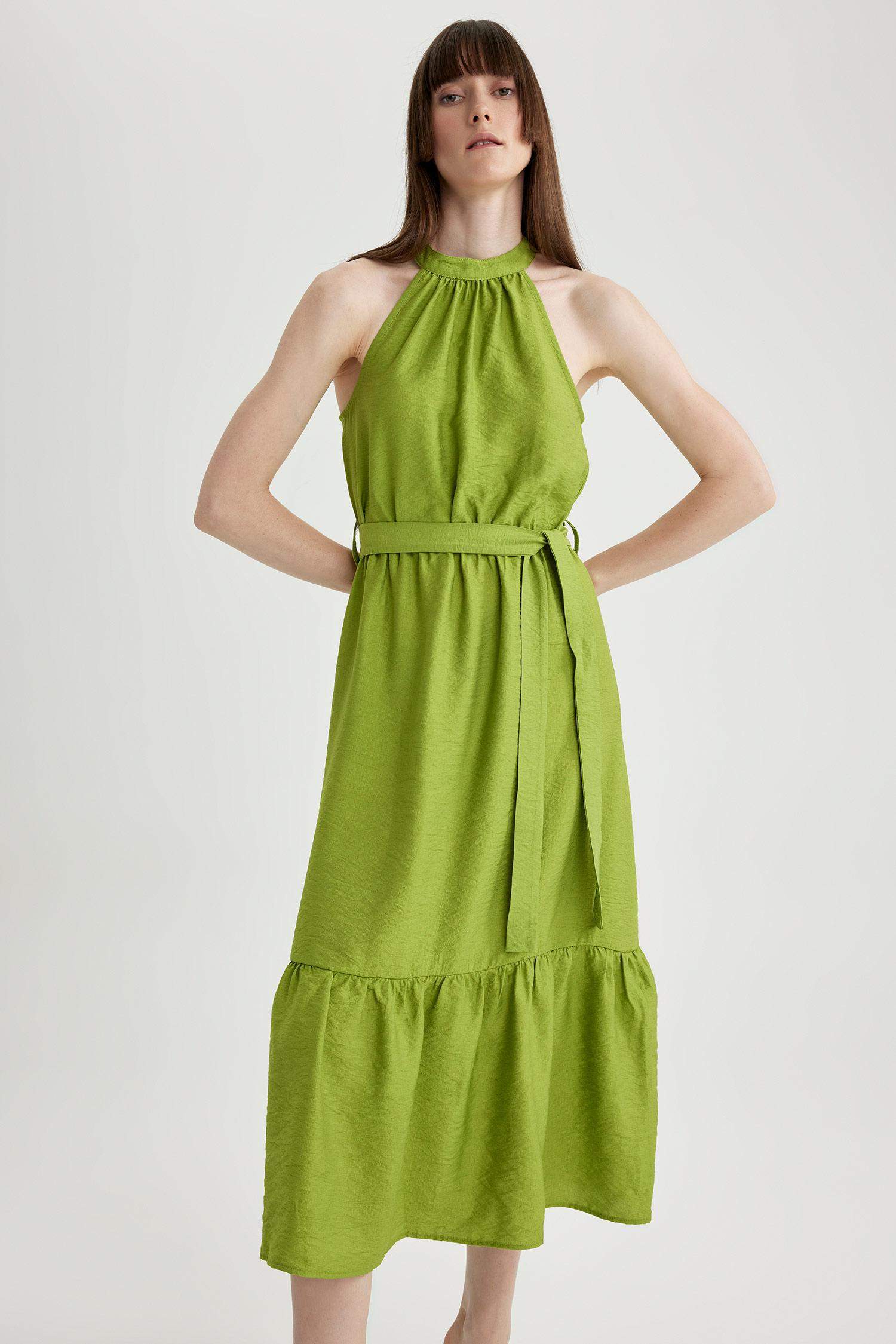 Green WOMAN Crossneck Linen Look Maxi Short Sleeve Woven Dress 2818836 ...