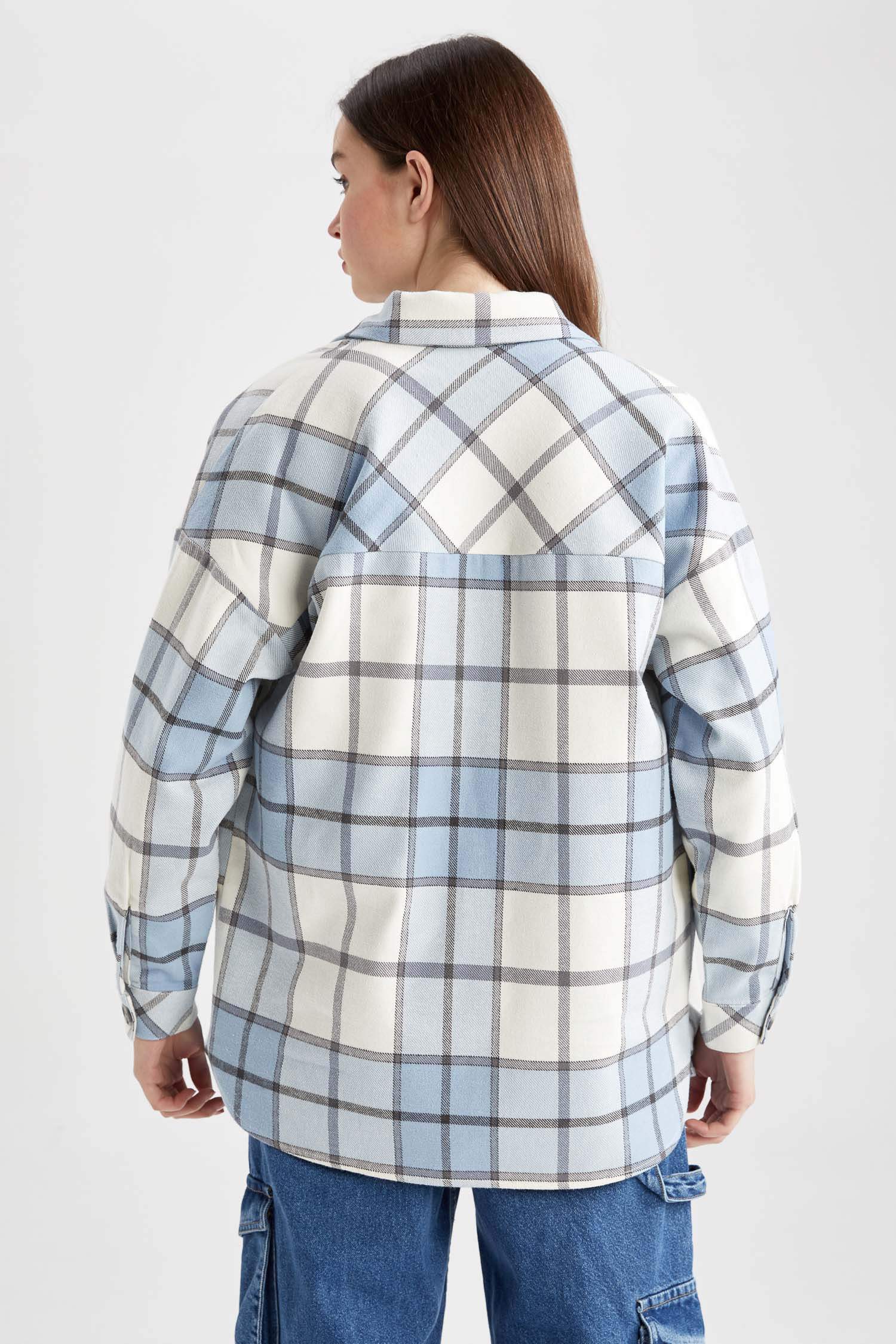 Shirt Collar Checked Flannel Long Sleeve Tunic